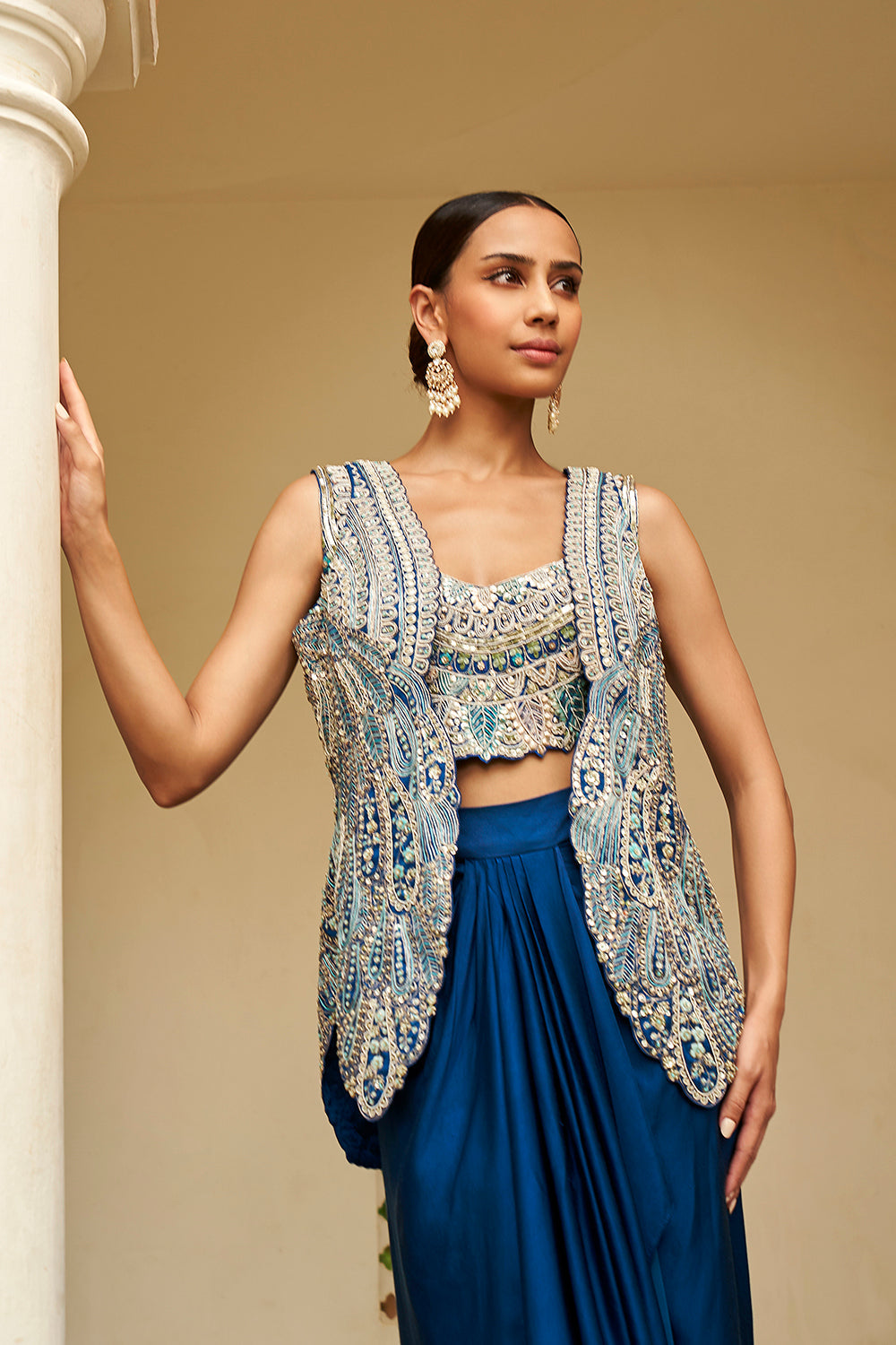 Jade Blue Embroidered Jacket Set