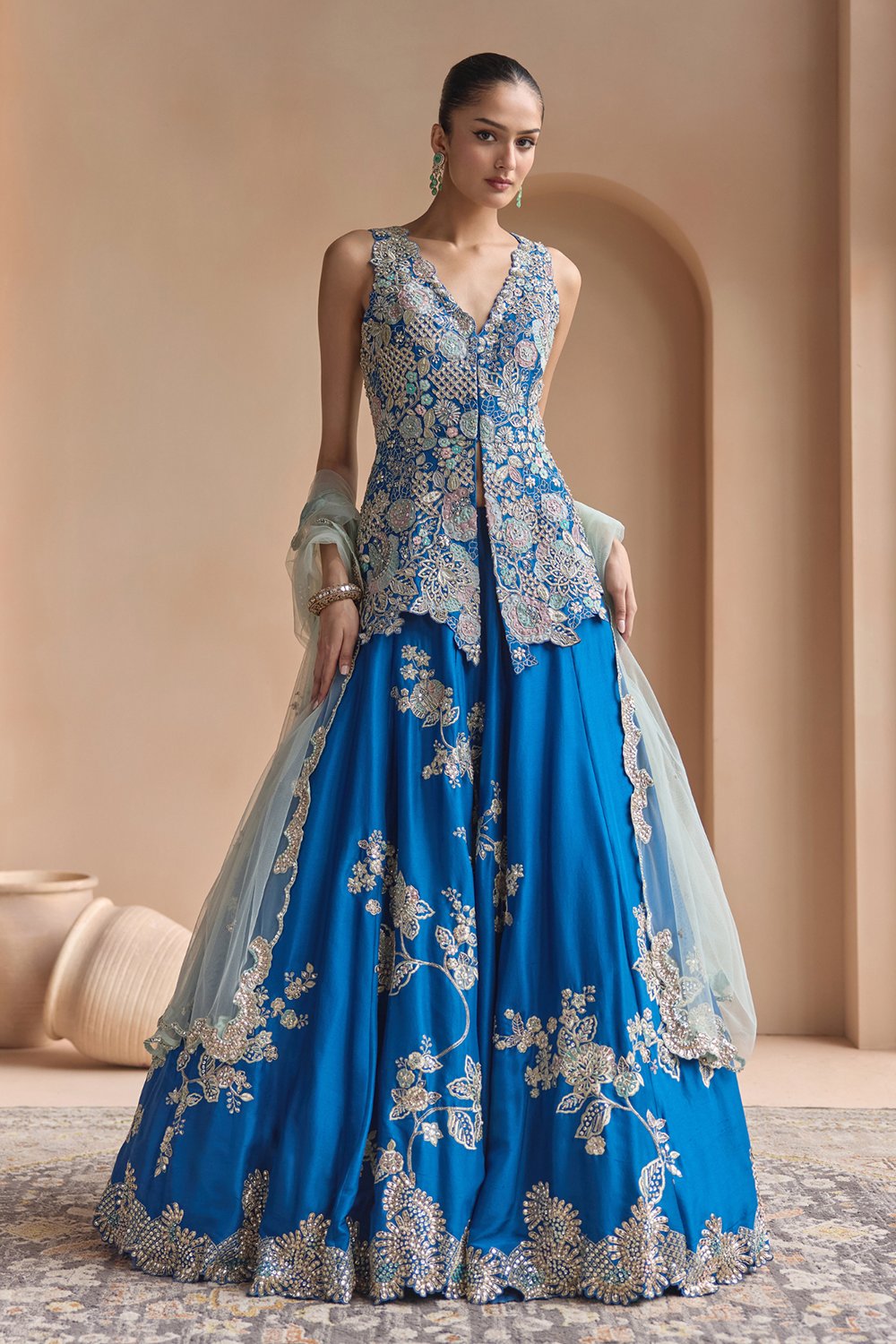 Jade Blue Embroidered Peplum Lehenga Set