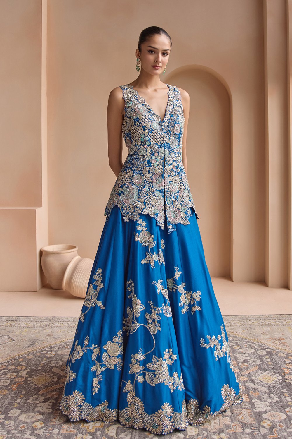 Jade Blue Embroidered Peplum Lehenga Set