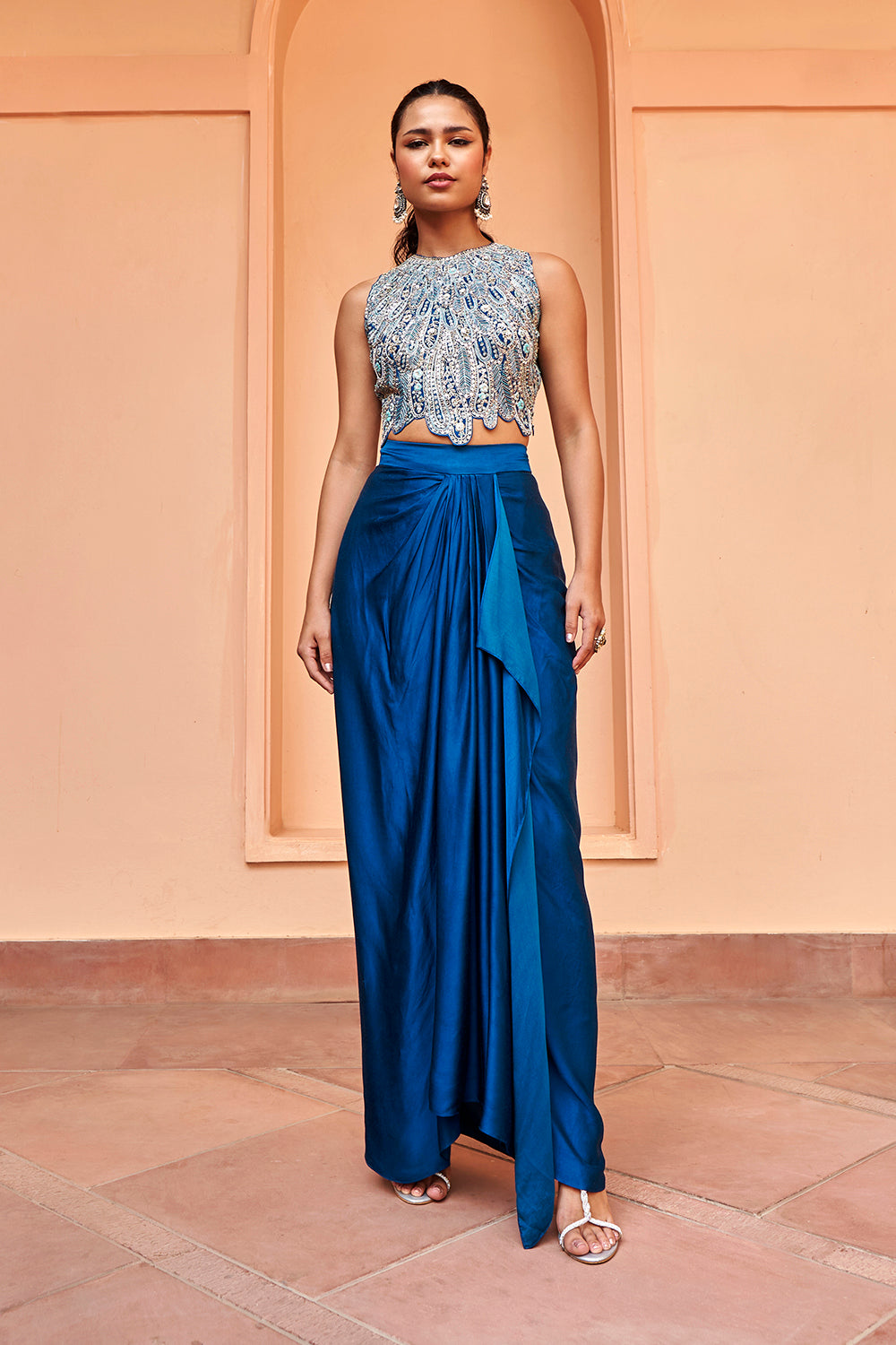 Jade Blue Embroidered Top And Skirt