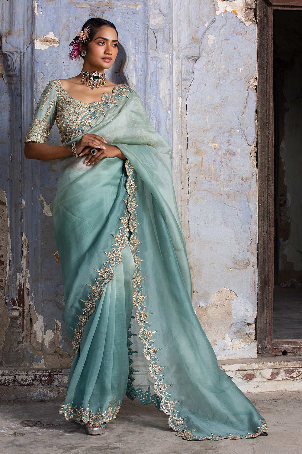 Jade Green Ombre Organza Saree