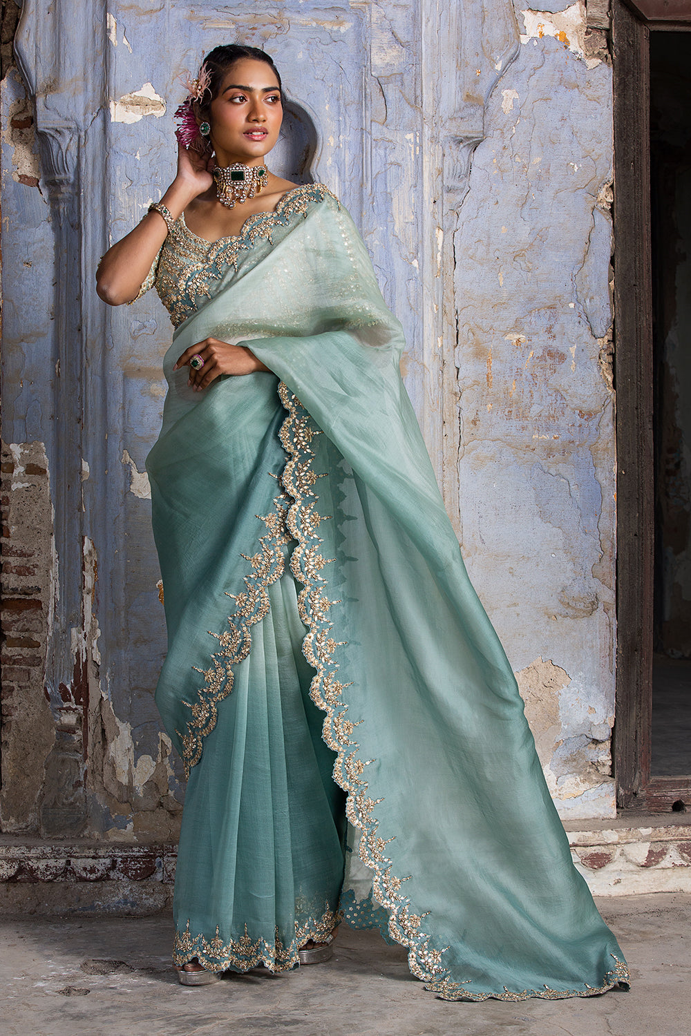 Jade Green Ombre Organza Saree