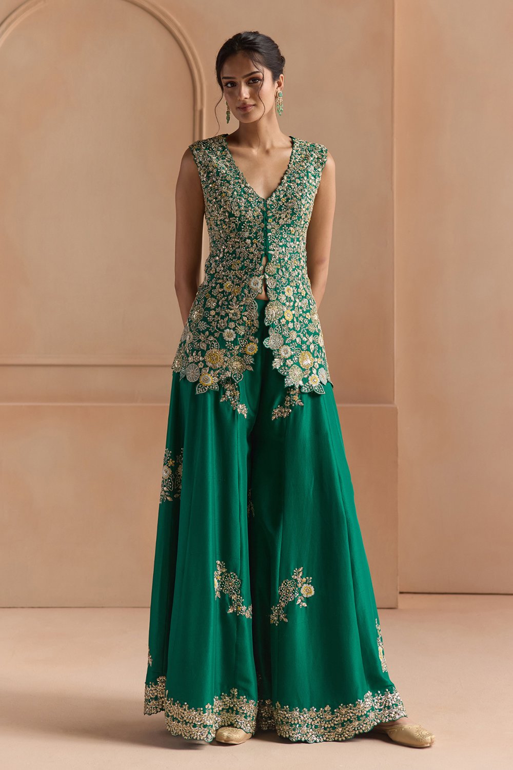 Jewel Green Embroidered Peplum Garara Set