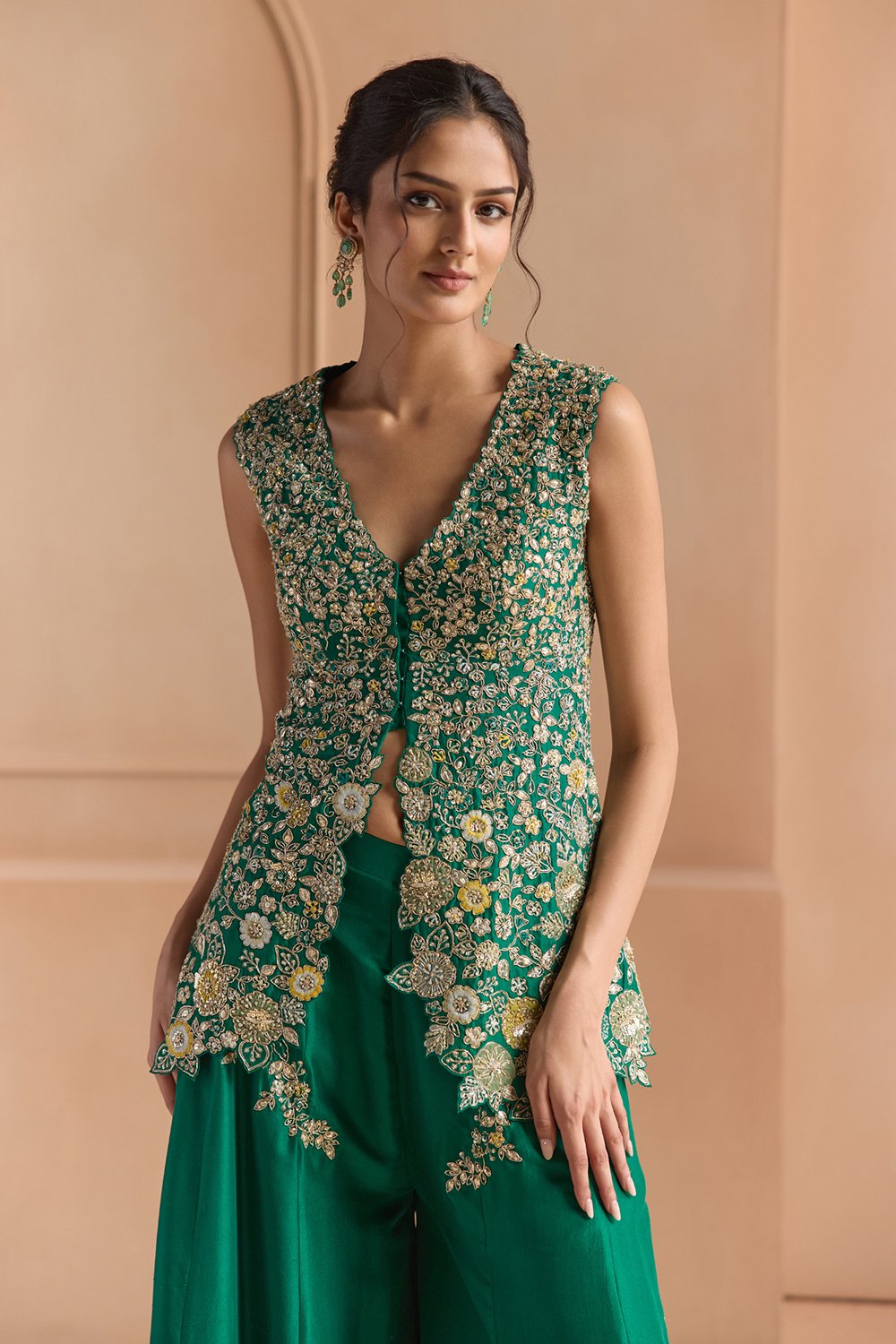 Jewel Green Embroidered Peplum Garara Set