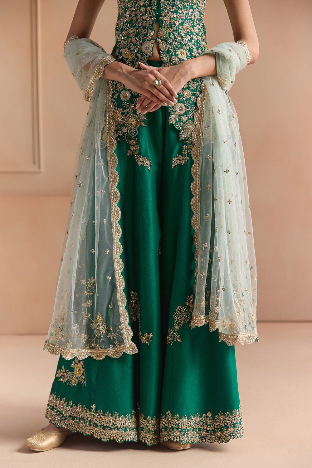 Jewel Green Embroidered Peplum Garara Set
