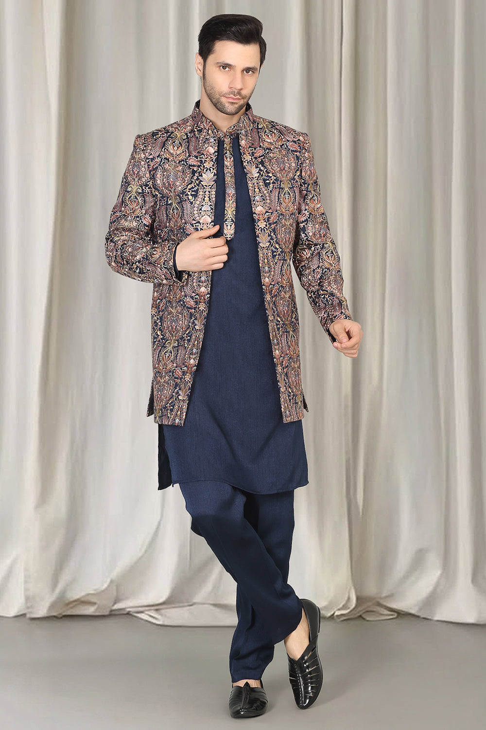 Kashmiriyat Embroidered Long Open Jacket With Kurta And  Pants