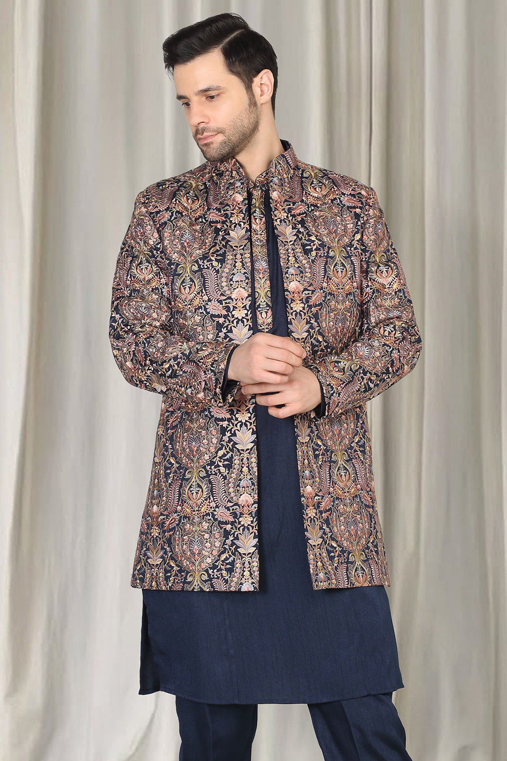 Kashmiriyat Embroidered Long Open Jacket With Kurta And  Pants