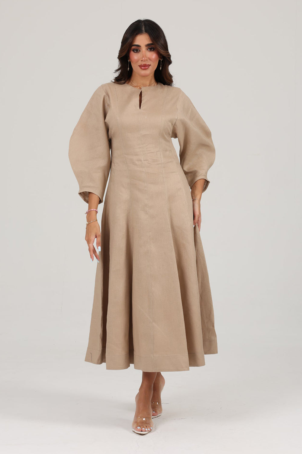 Khushboo & Pankaj Beige Linen A-Line Midi Dress