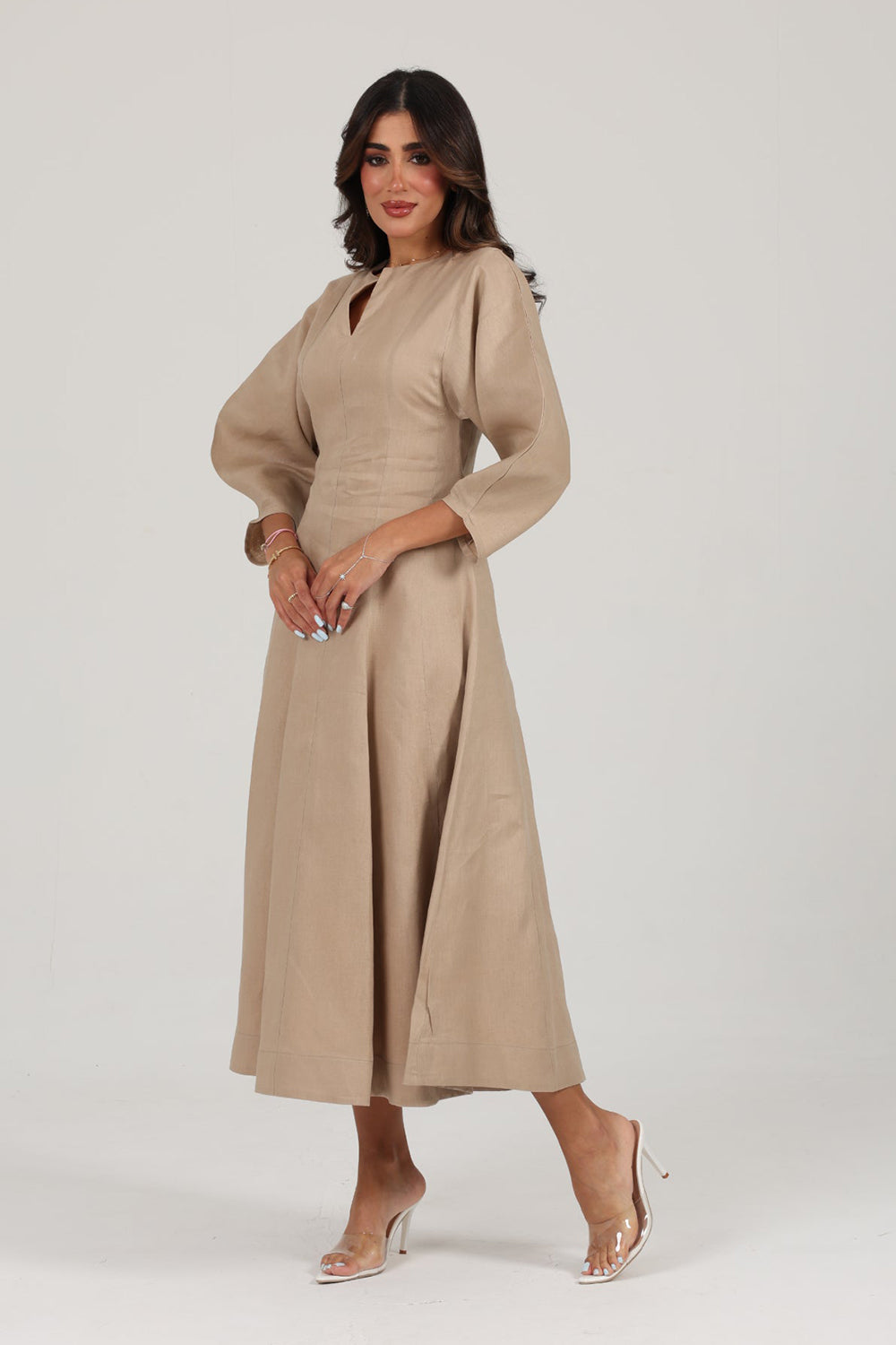 Khushboo & Pankaj Beige Linen A-Line Midi Dress