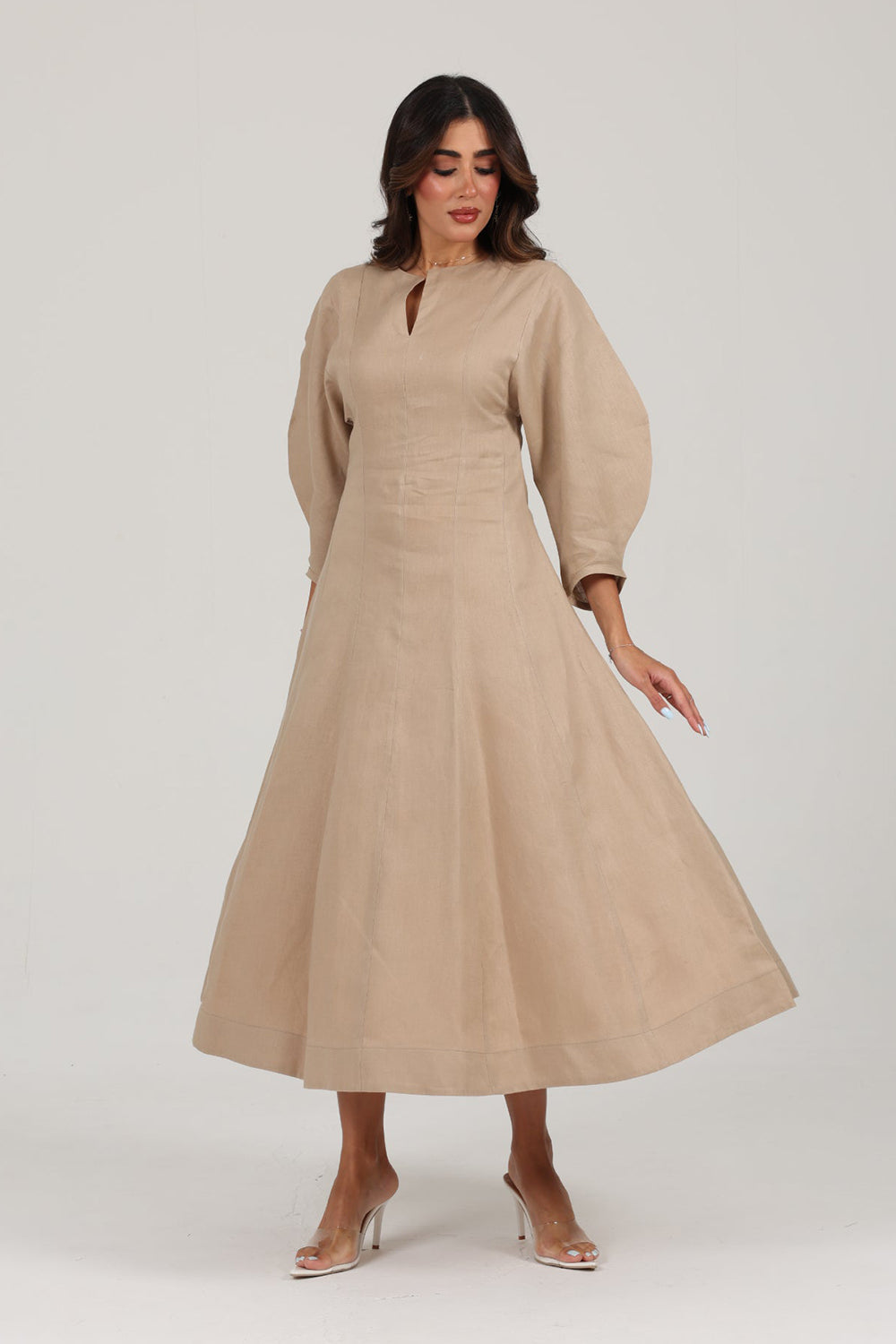 Khushboo & Pankaj Beige Linen A-Line Midi Dress