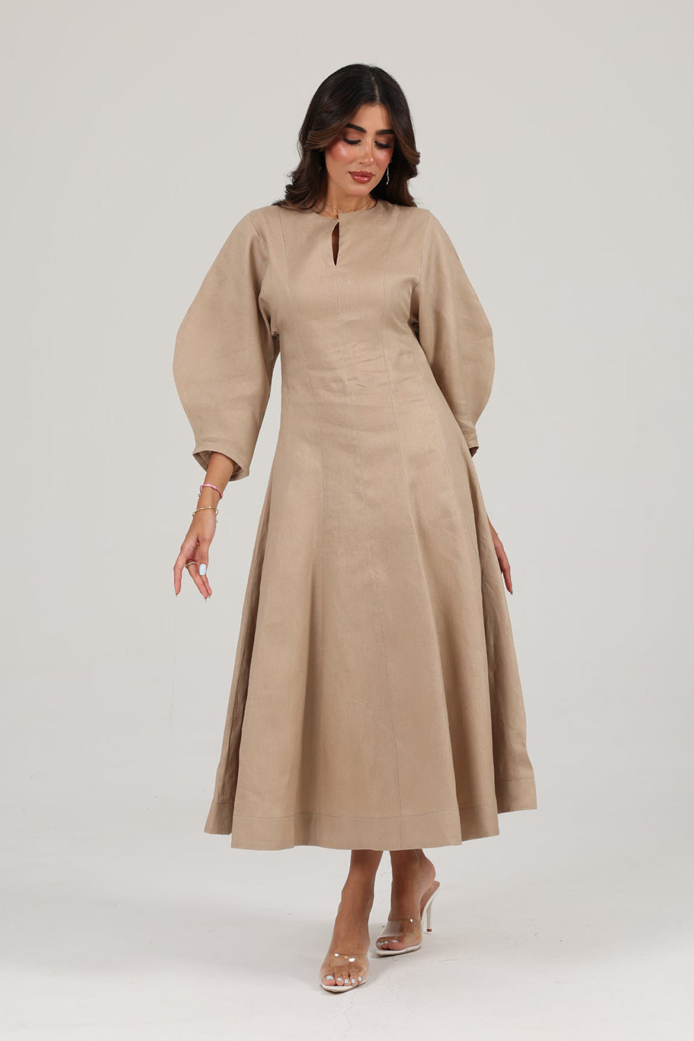 Khushboo & Pankaj Beige Linen A-Line Midi Dress