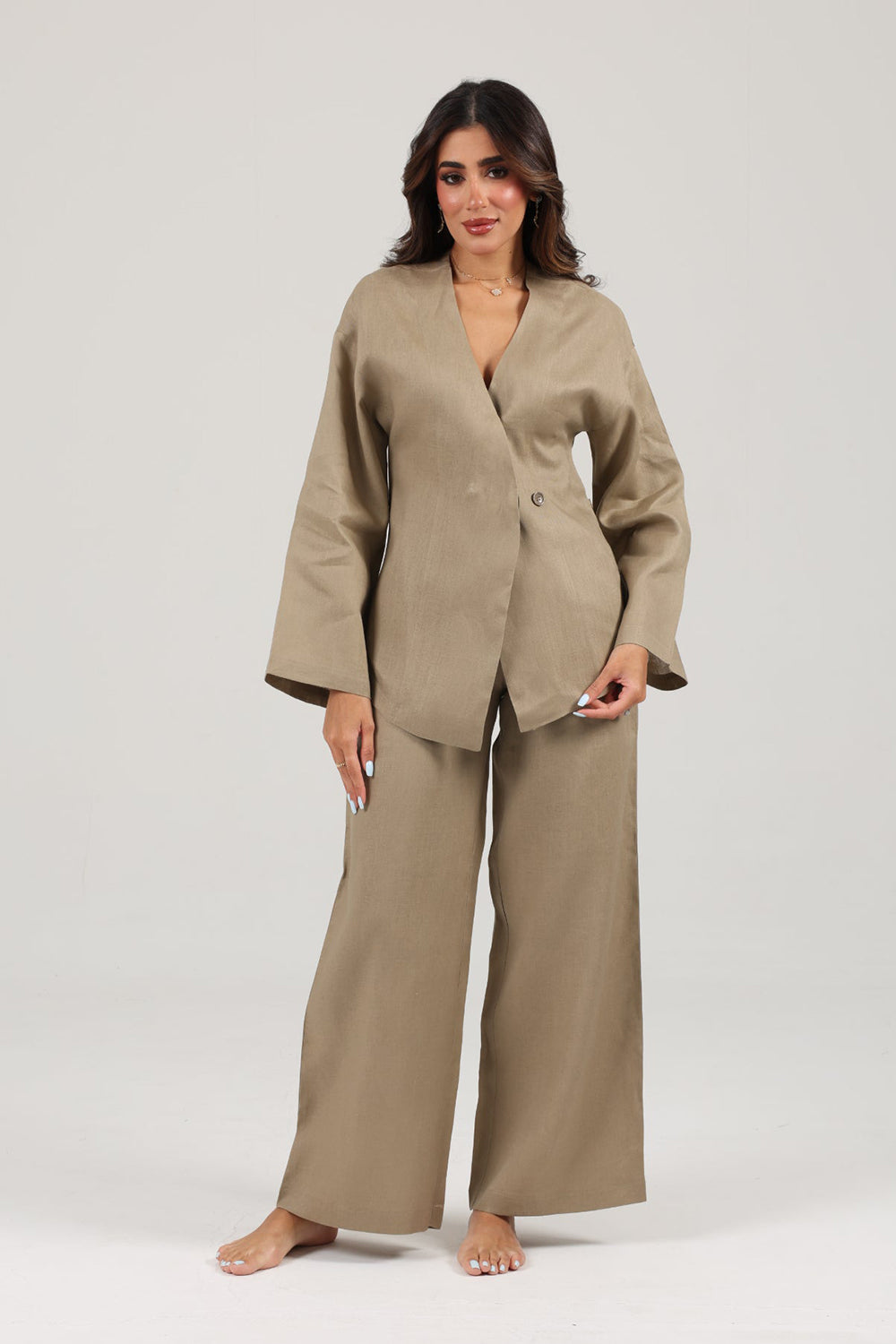 Khushboo & Pankaj Beige Linen Wrap Co-ord Set