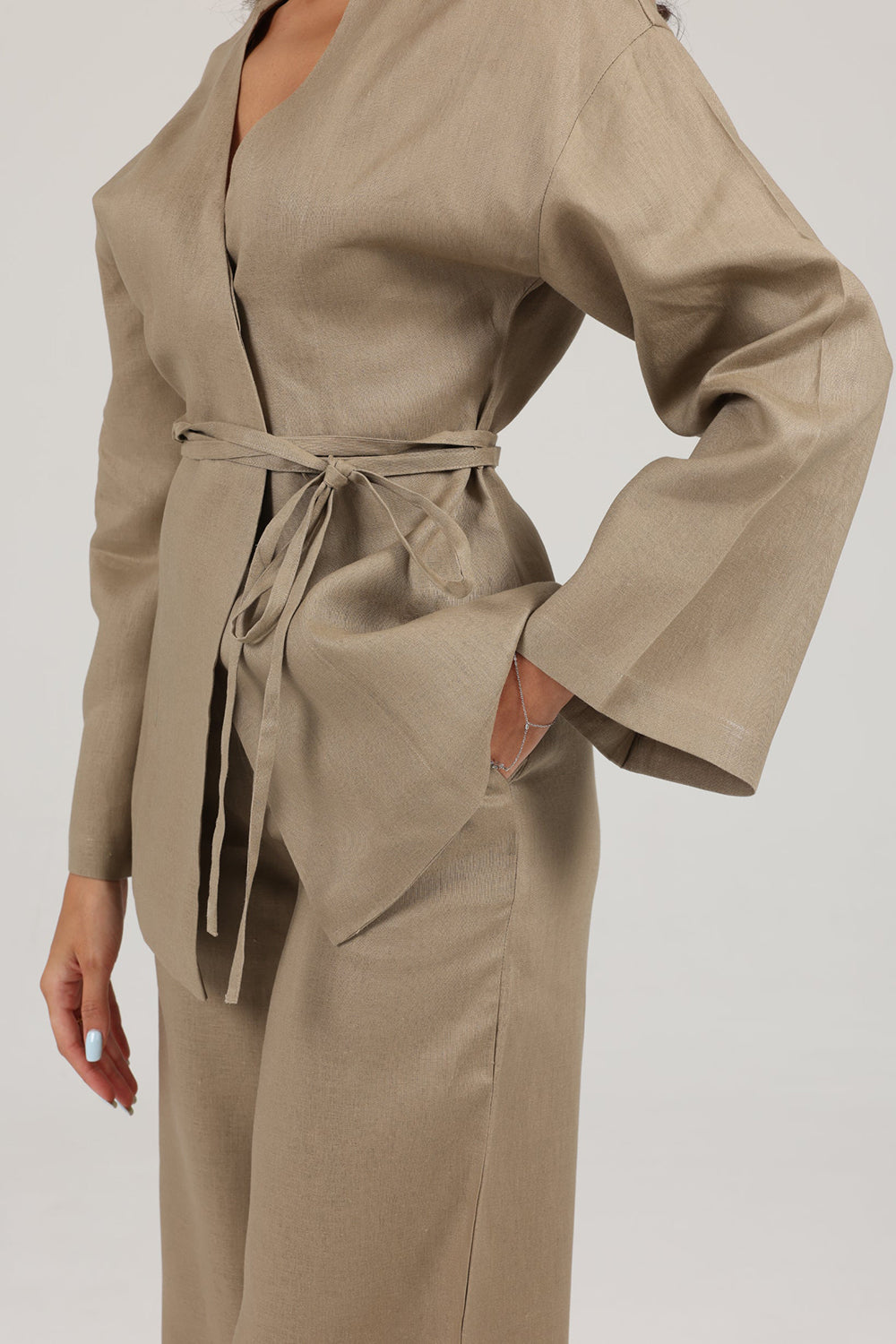 Khushboo & Pankaj Beige Linen Wrap Co-ord Set