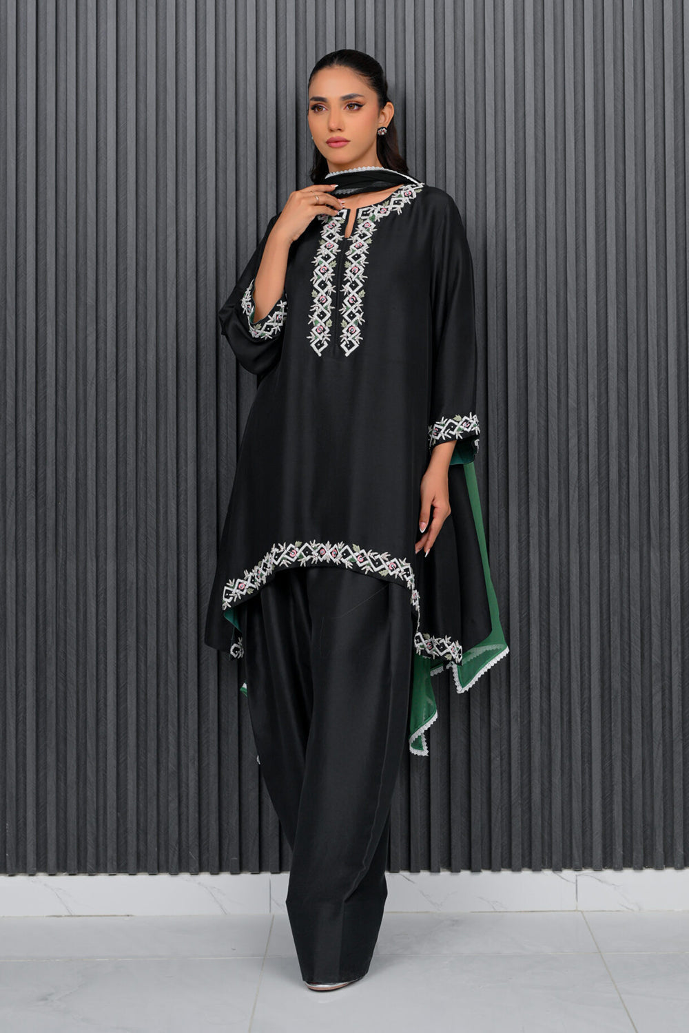 Khushboo & Pankaj Black and Green Embroidered Farshi Suit Set