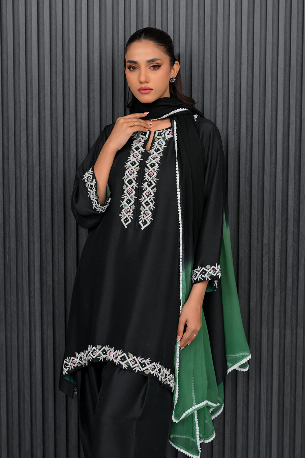 Khushboo & Pankaj Black and Green Embroidered Farshi Suit Set