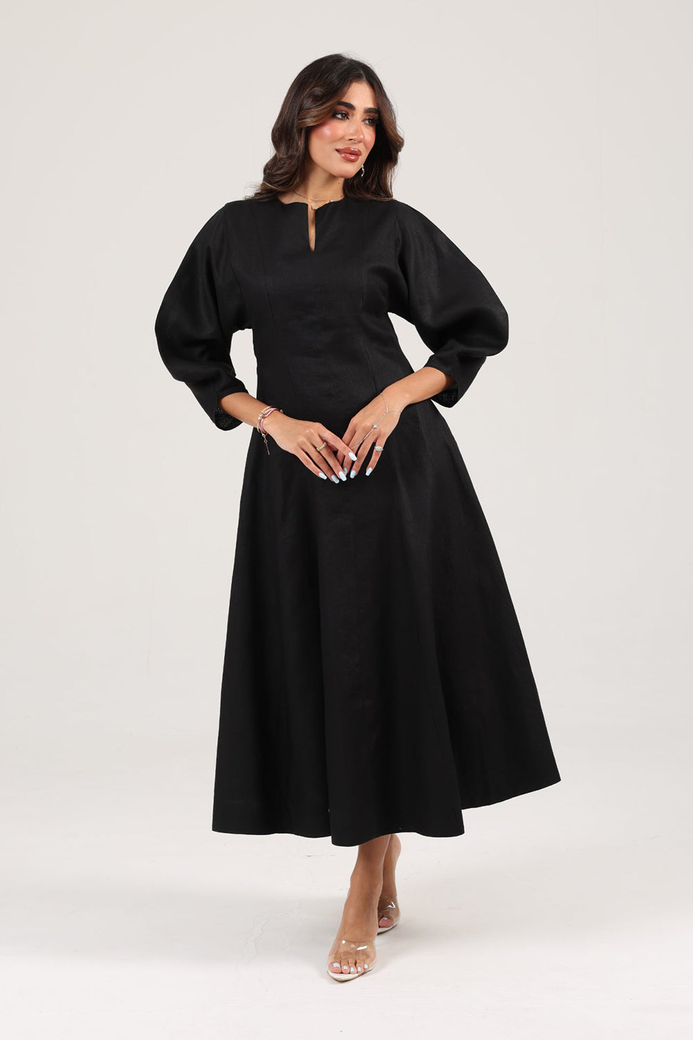 Khushboo & Pankaj Black Linen A-Line Midi Dress