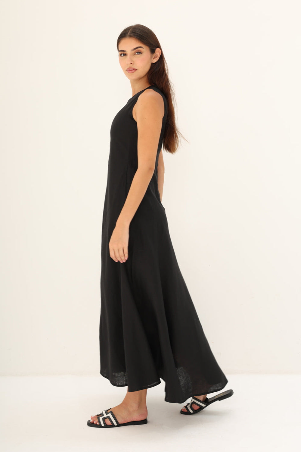 Khushboo & Pankaj Black Linen Sleeveless A-Line Midi Dress