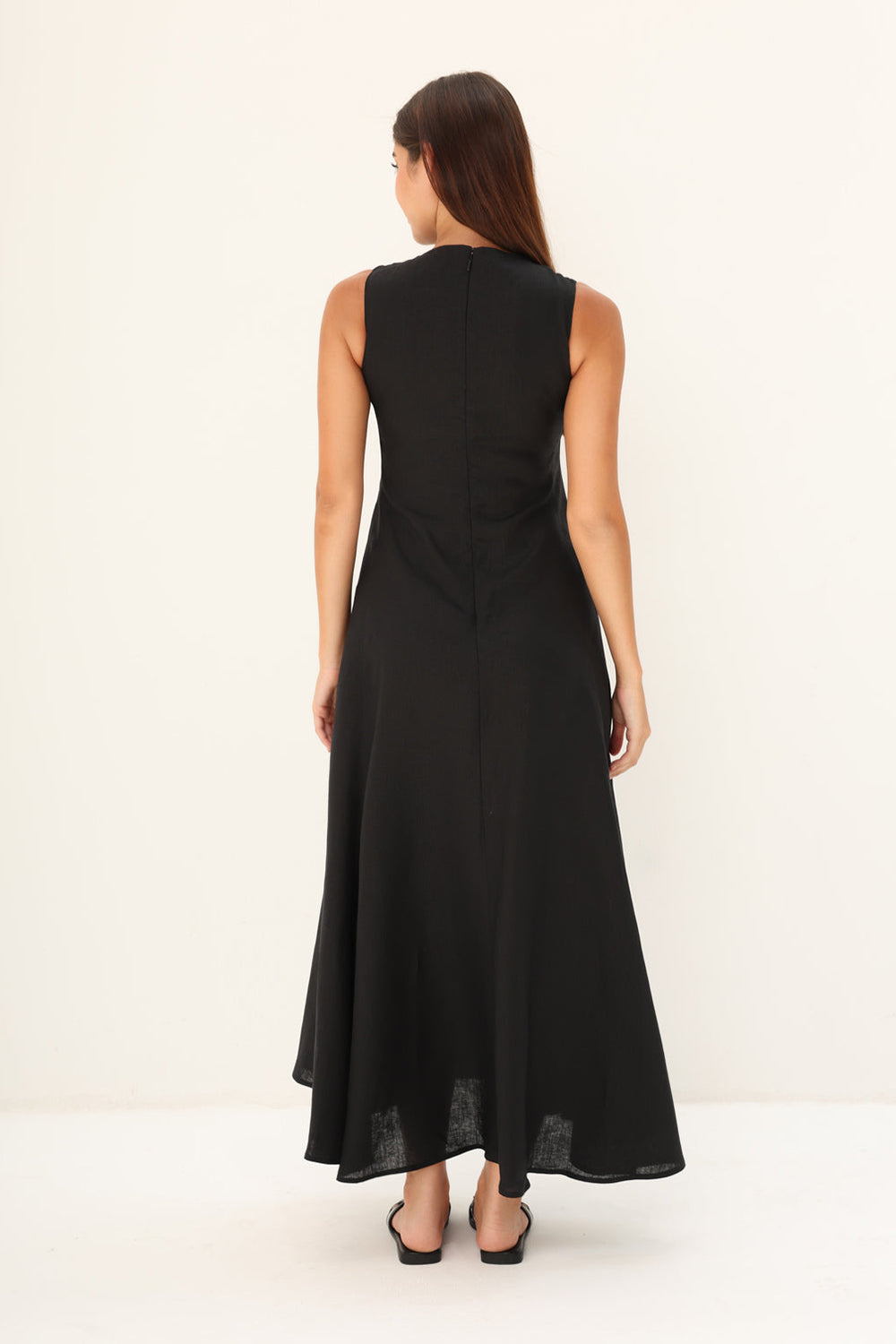 Khushboo & Pankaj Black Linen Sleeveless A-Line Midi Dress