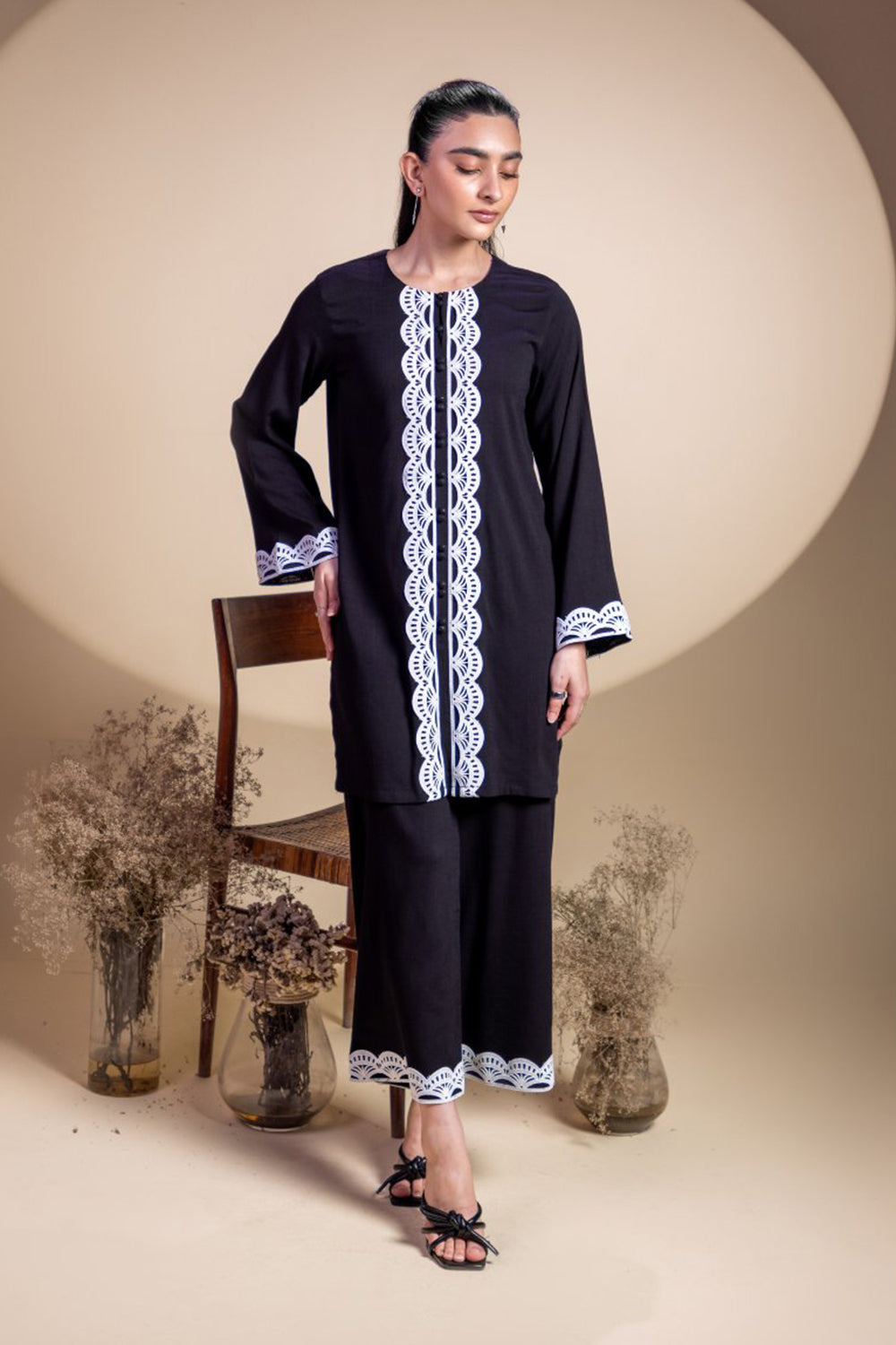 Khushboo & Pankaj Black Scallop Embroidered Kurta Set
