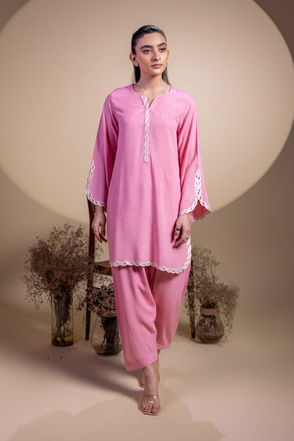 Khushboo & Pankaj Blush Pink Lace Detail Kurta Set