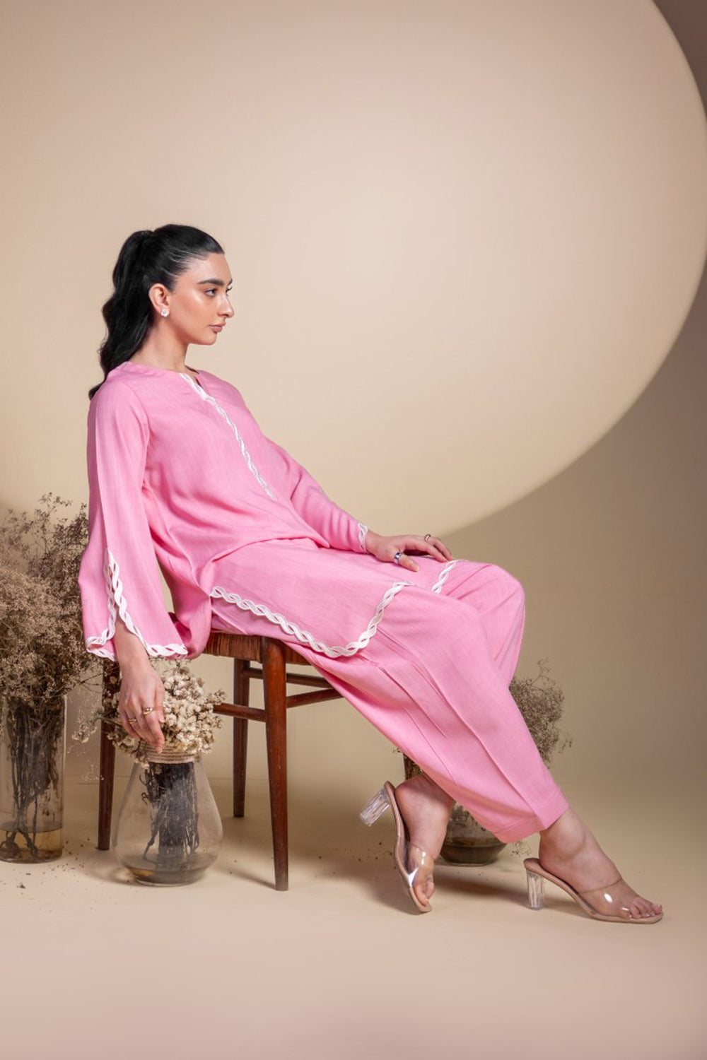 Khushboo & Pankaj Blush Pink Lace Detail Kurta Set