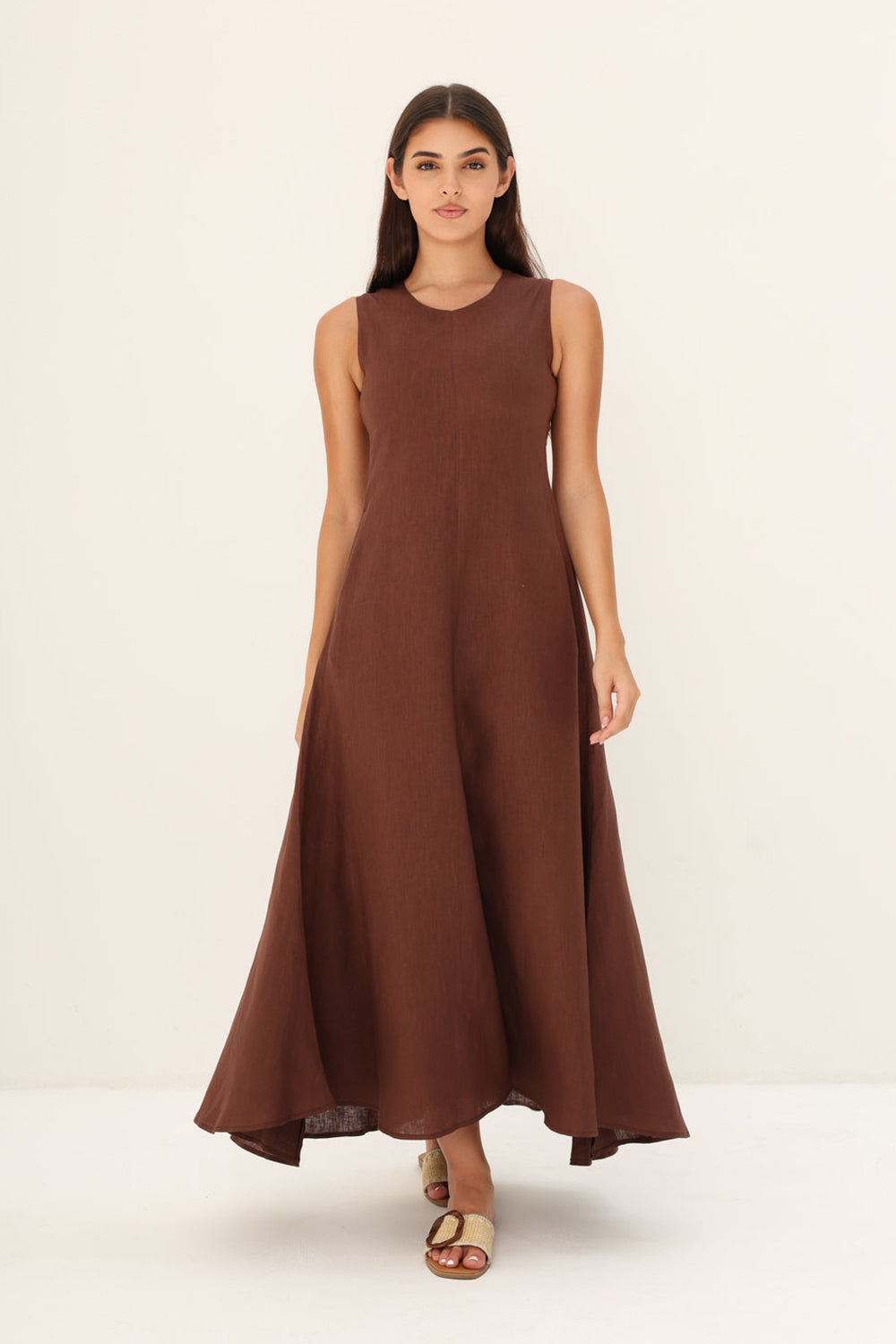 Khushboo & Pankaj Brown Linen A-Line Maxi Dress