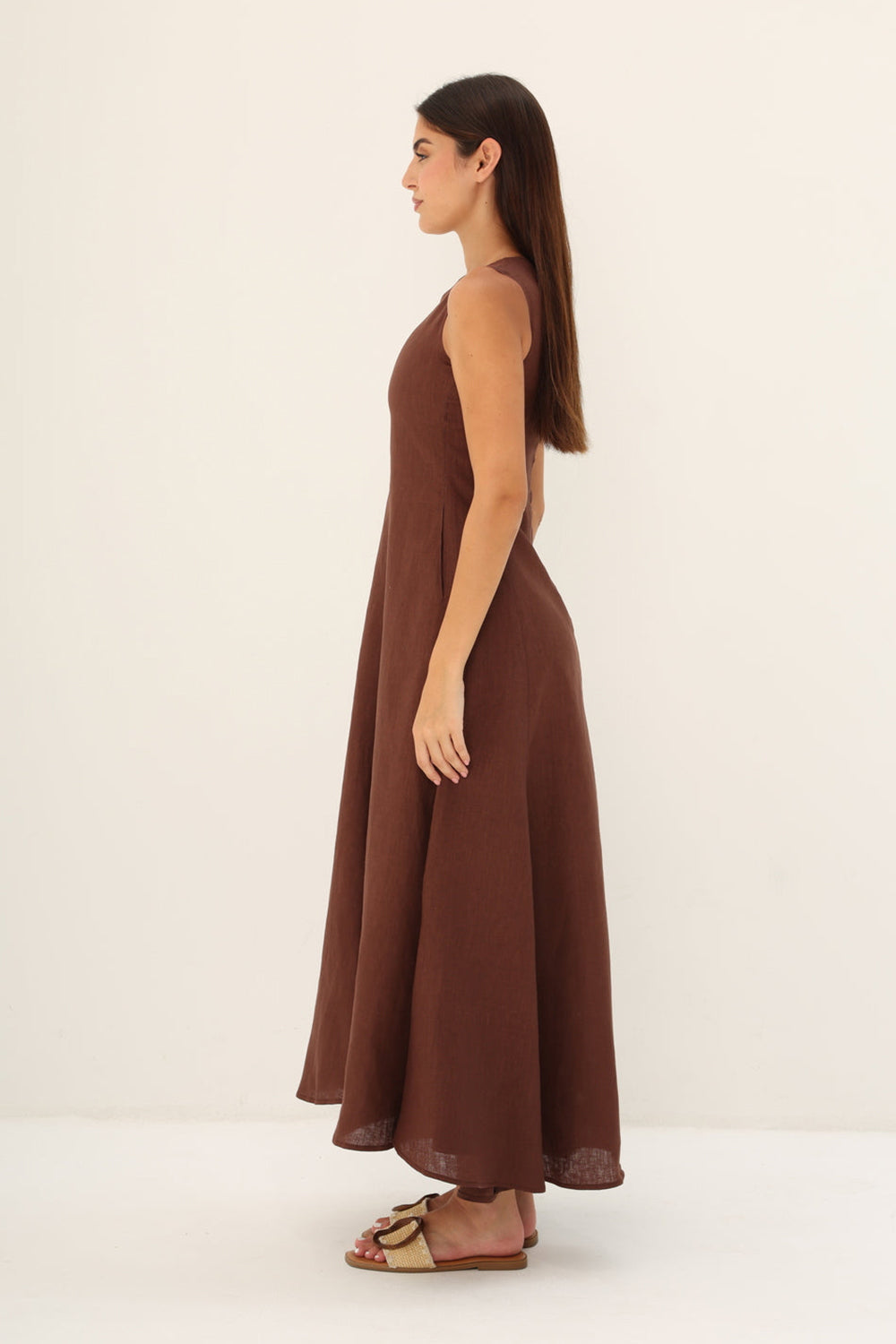 Khushboo & Pankaj Brown Linen A-Line Maxi Dress