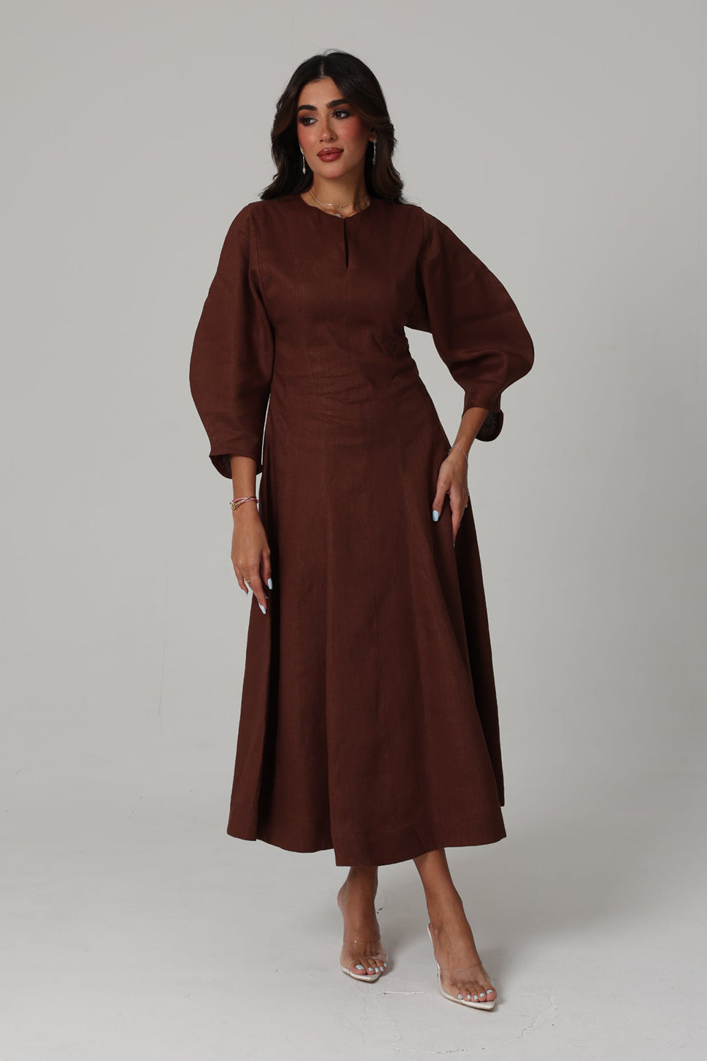 Khushboo & Pankaj Brown Linen A-Line Midi Dress