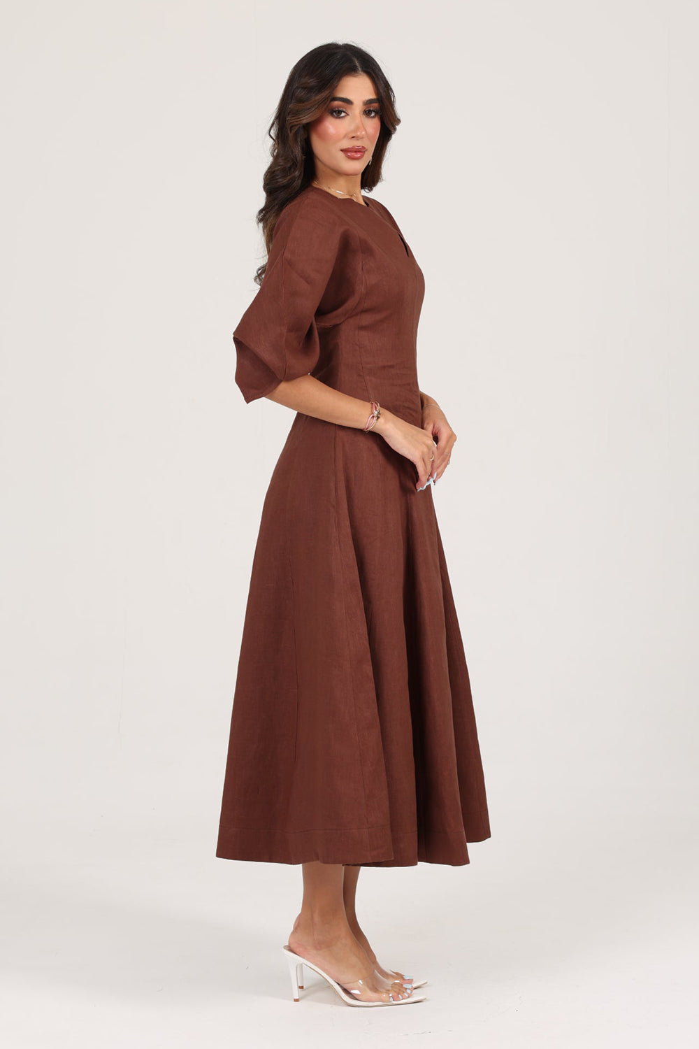 Khushboo & Pankaj Brown Linen A-Line Midi Dress
