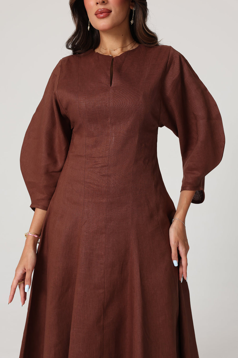 Khushboo & Pankaj Brown Linen A-Line Midi Dress