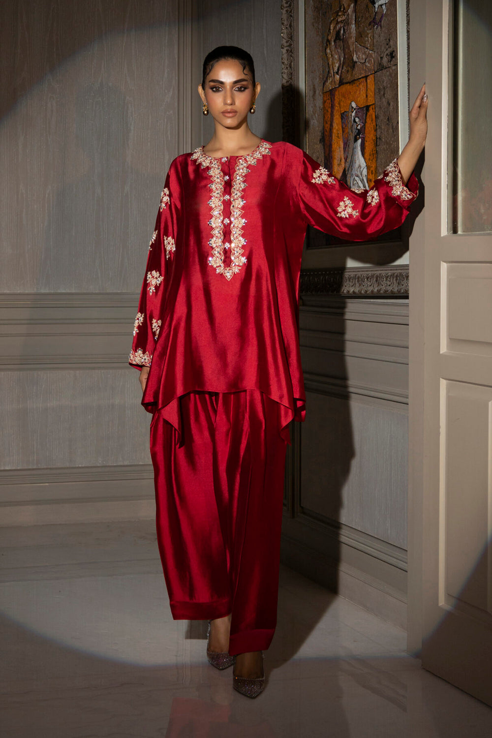 Khushboo & Pankaj Crimson Silk Embroidered Kurta Set with Tulip Pants