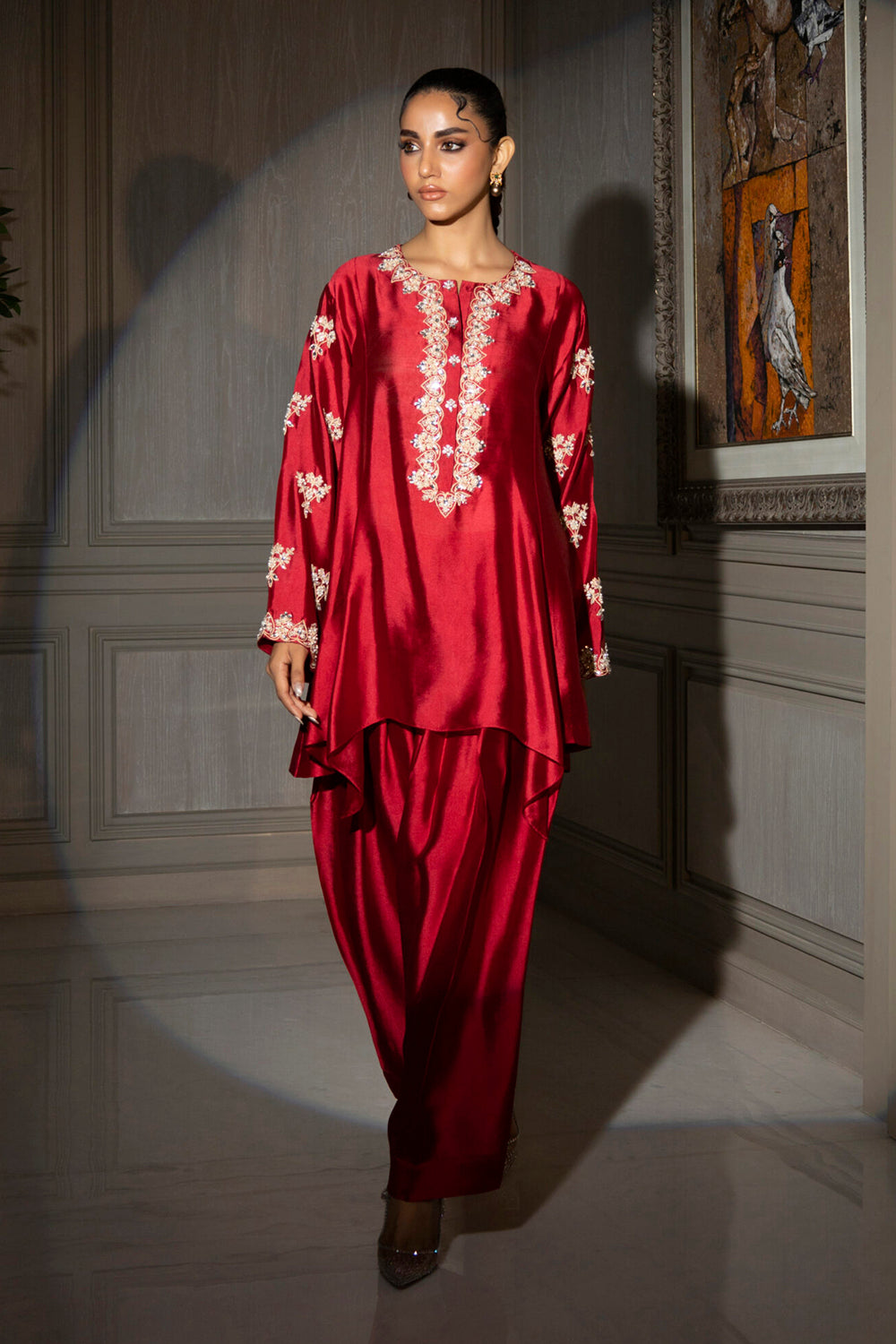 Khushboo & Pankaj Crimson Silk Embroidered Kurta Set with Tulip Pants