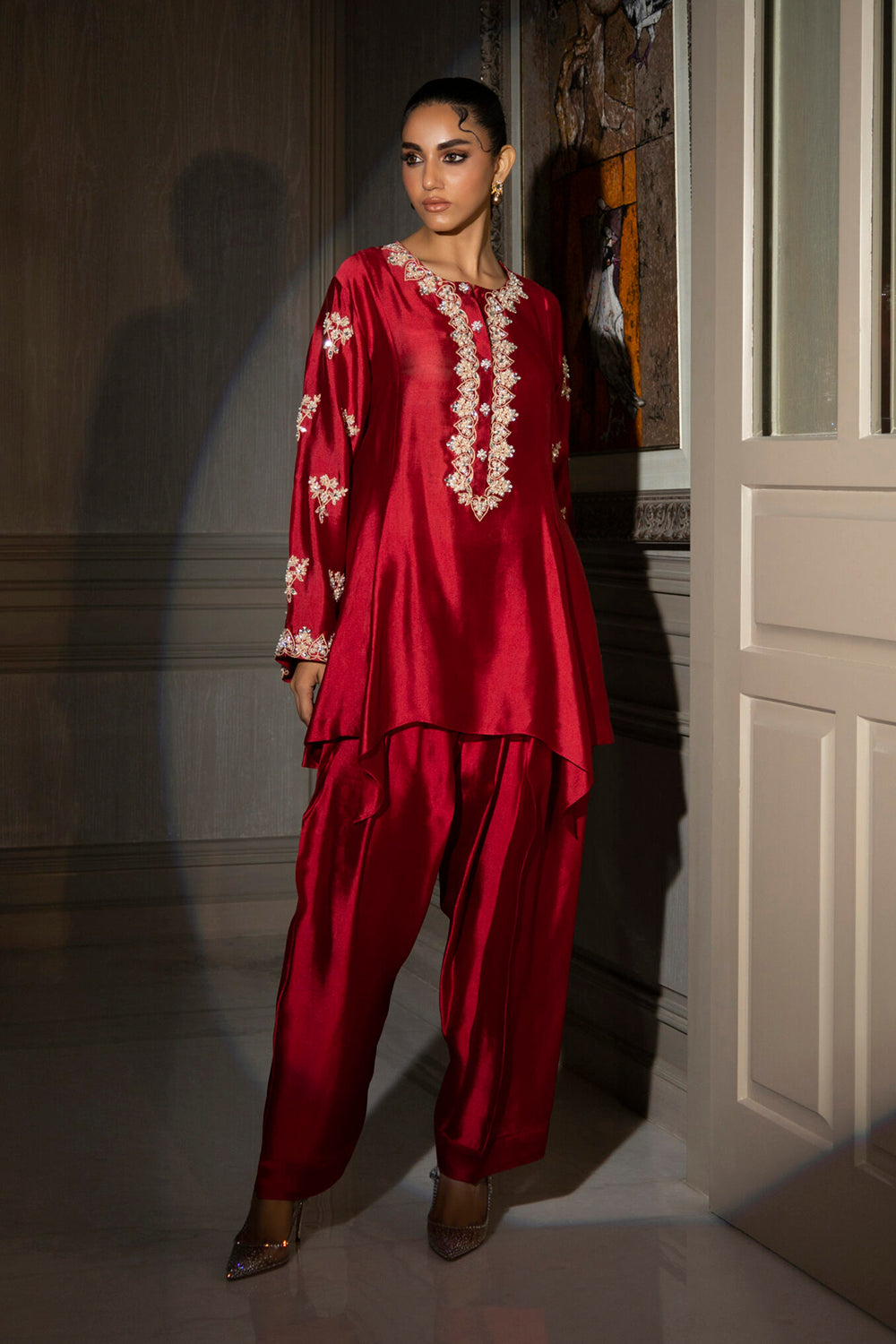 Khushboo & Pankaj Crimson Silk Embroidered Kurta Set with Tulip Pants