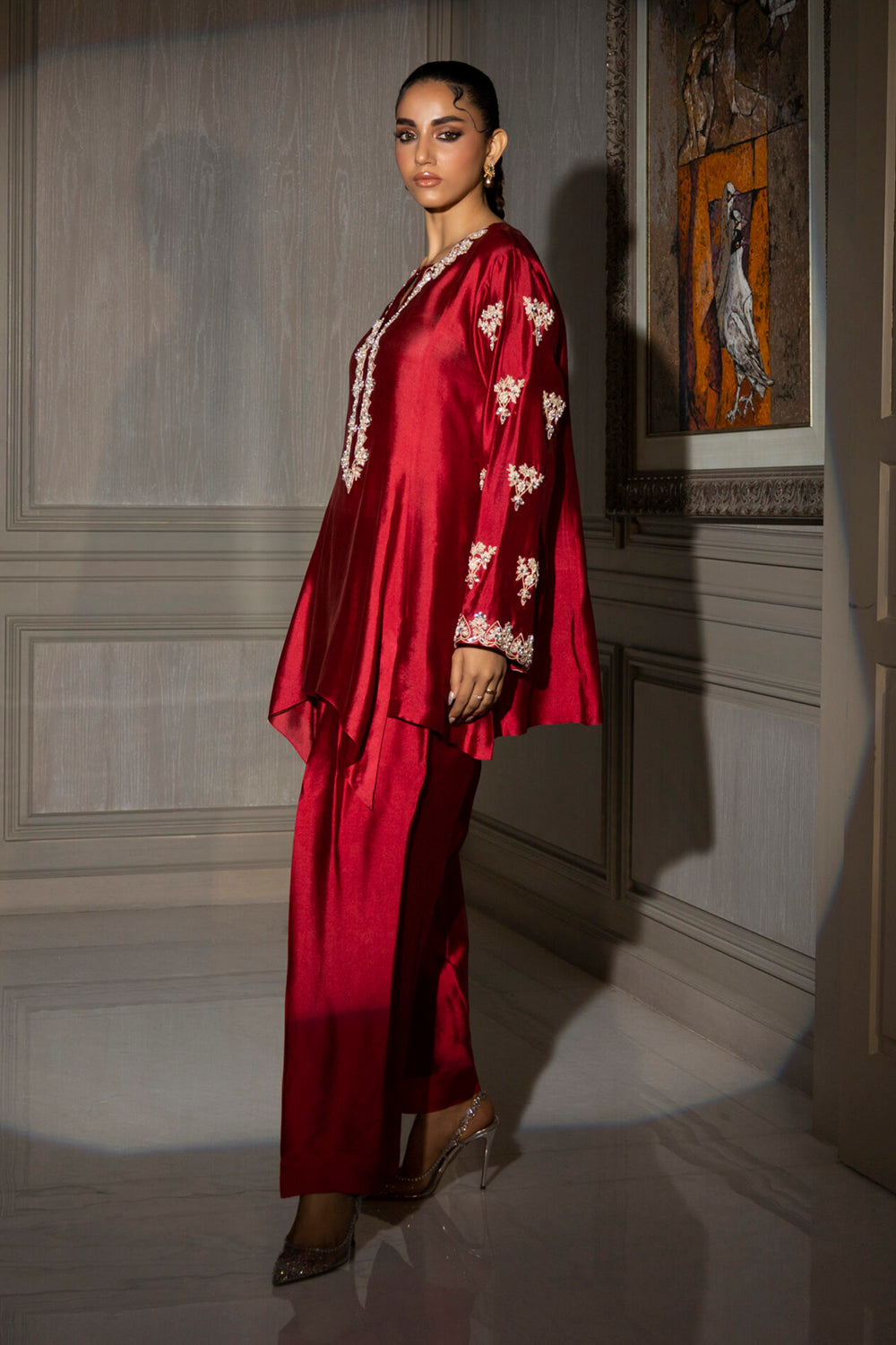 Khushboo & Pankaj Crimson Silk Embroidered Kurta Set with Tulip Pants