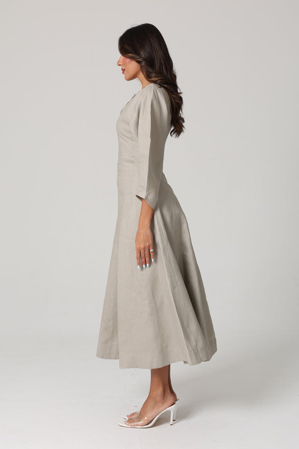 Khushboo & Pankaj Grey Linen A-Line Midi Dress
