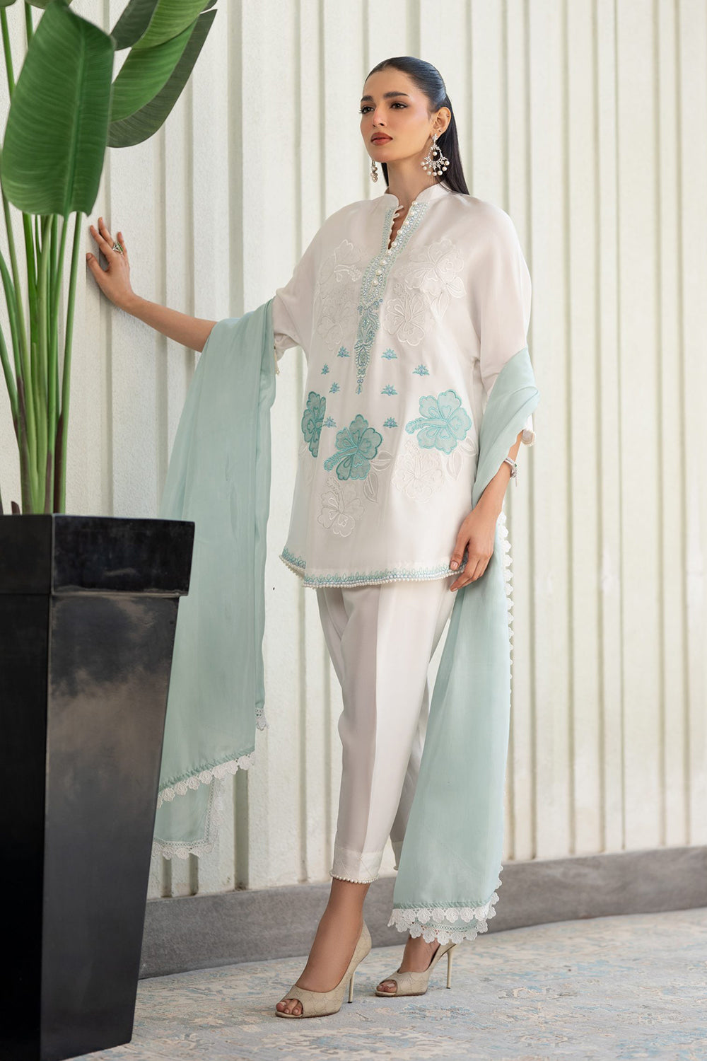 Khushboo & Pankaj Ivory Aqua Embroidered Suit Set with Tulip Pants