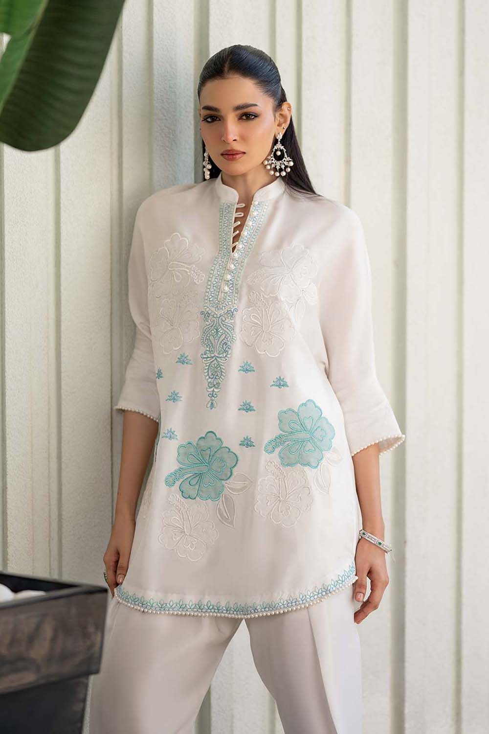 Khushboo & Pankaj Ivory Aqua Embroidered Suit Set with Tulip Pants