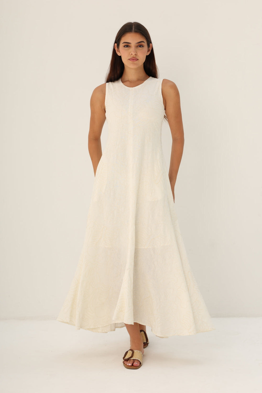 Khushboo & Pankaj Ivory Embroidered Linen A-Line Midi Dress