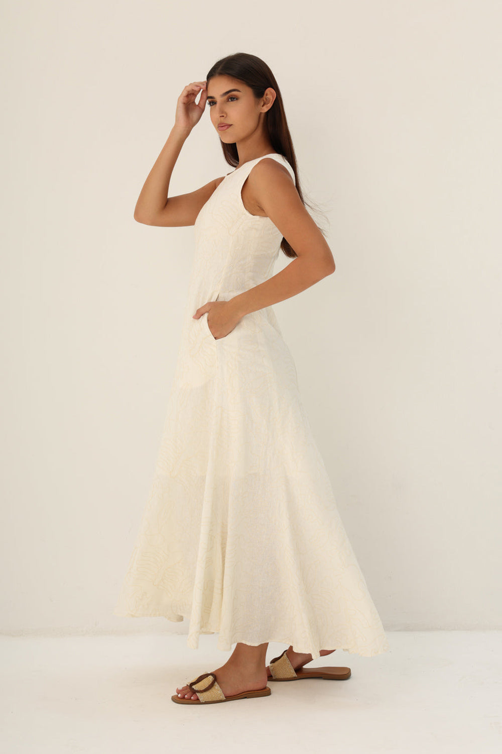 Khushboo & Pankaj Ivory Embroidered Linen A-Line Midi Dress