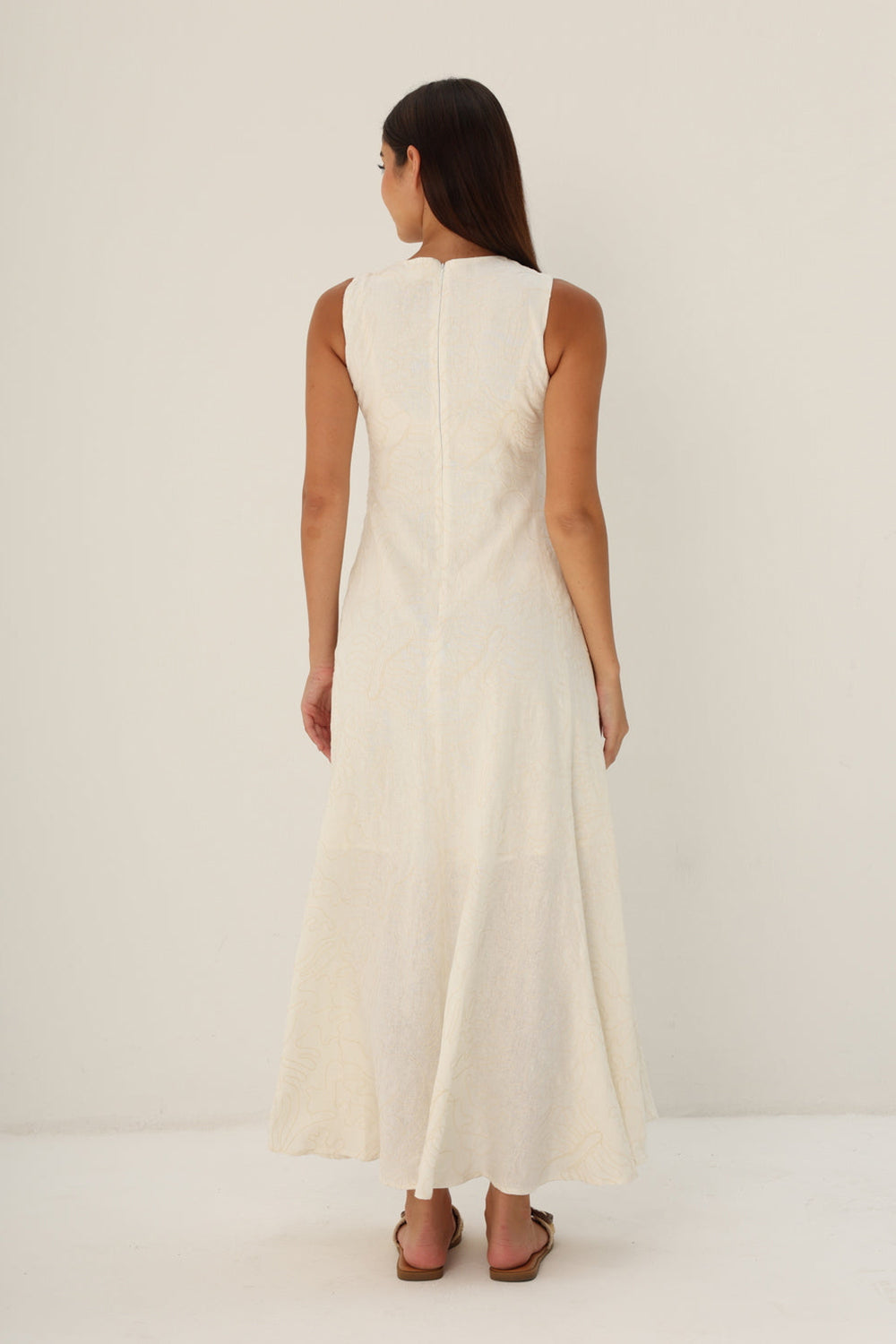 Khushboo & Pankaj Ivory Embroidered Linen A-Line Midi Dress