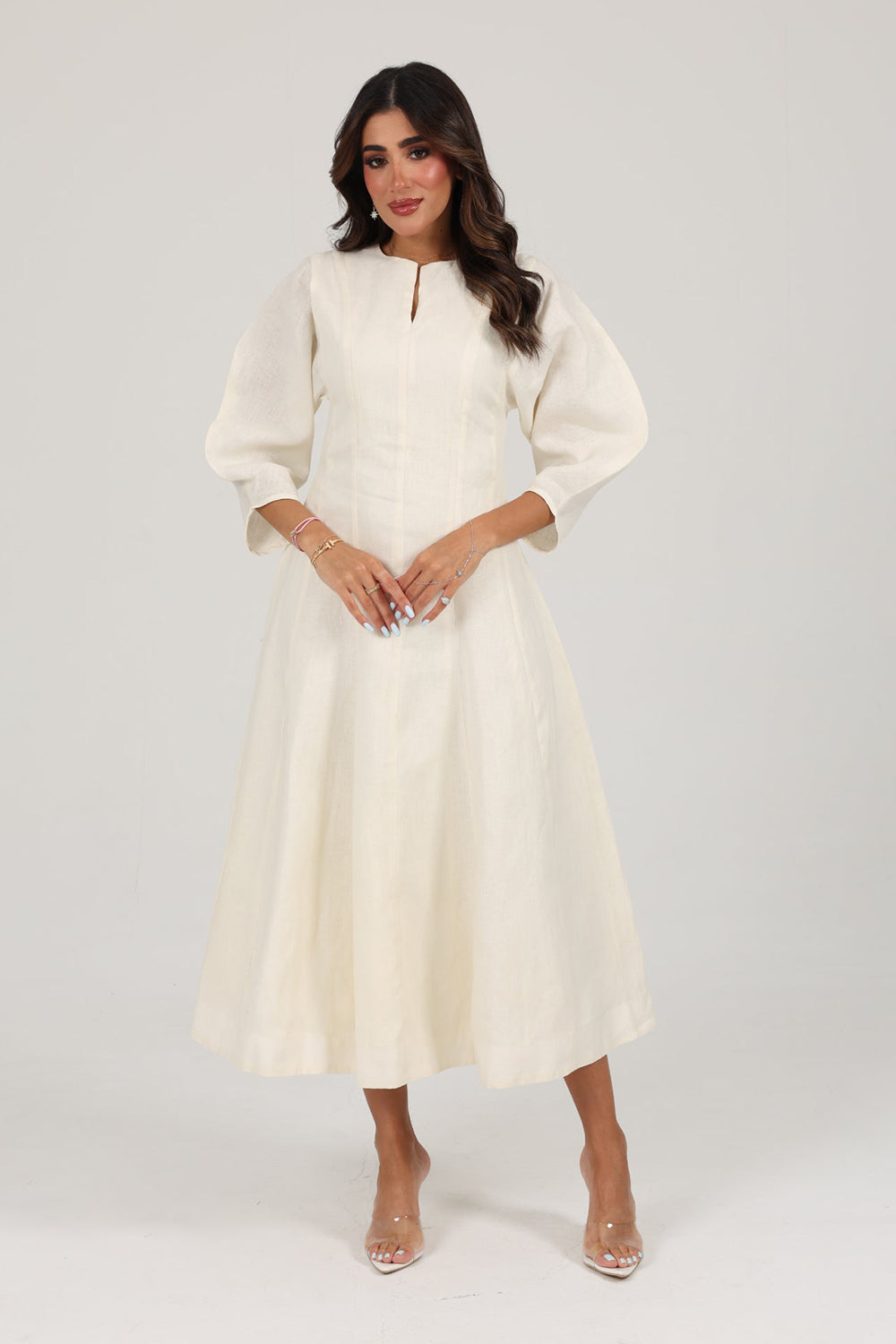 Khushboo & Pankaj Ivory Linen A-Line Midi Dress