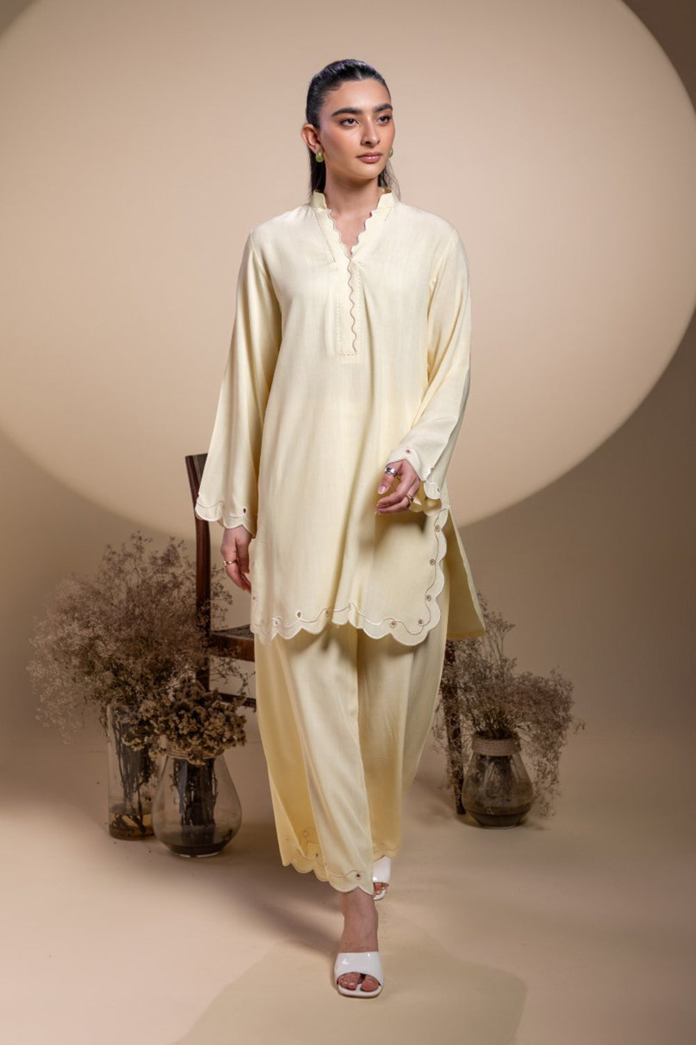 Khushboo & Pankaj Lemon Yellow Scallop Detail Kurta Set