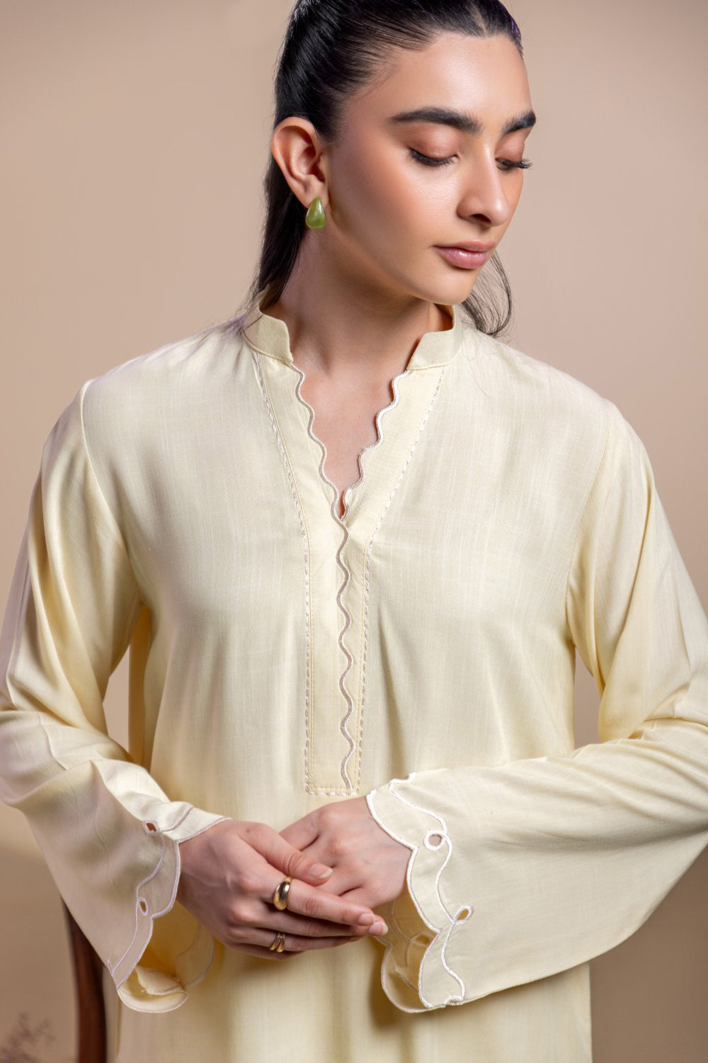 Khushboo & Pankaj Lemon Yellow Scallop Detail Kurta Set