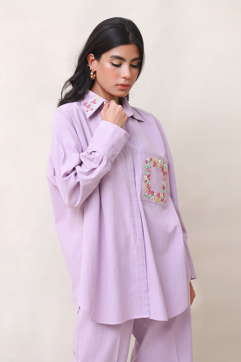 Khushboo & Pankaj Lilac Linen Embroidered Co-ord Set