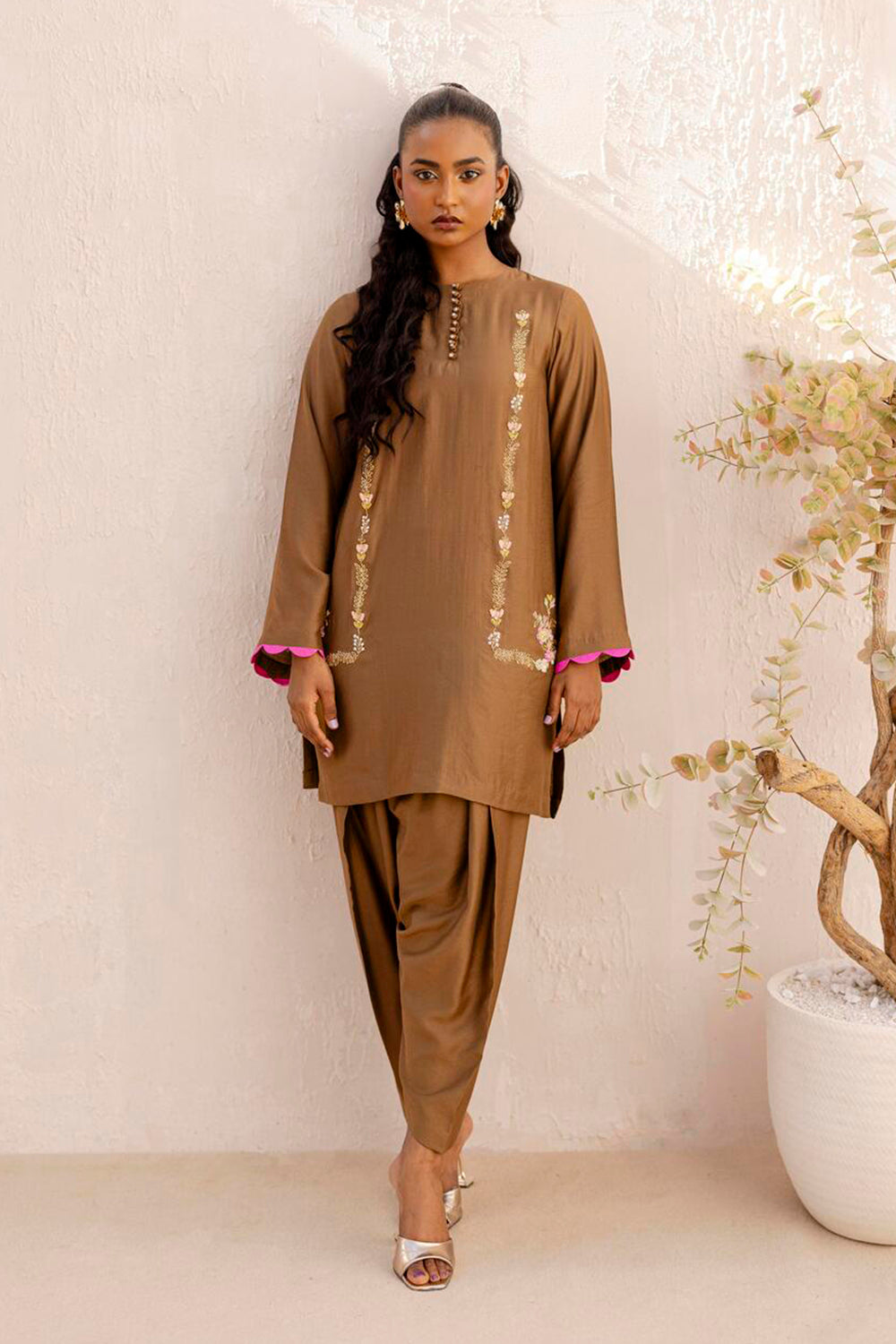 Khushboo & Pankaj Mocha Embroidered Kurta Set with Tulip Pants