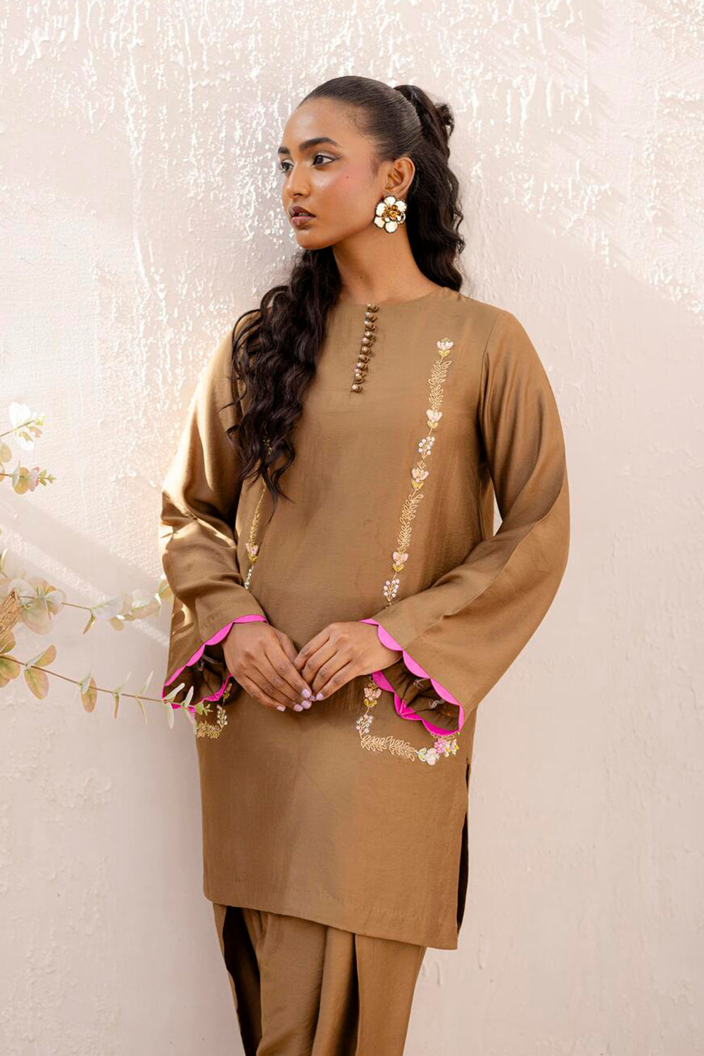 Khushboo & Pankaj Mocha Embroidered Kurta Set with Tulip Pants