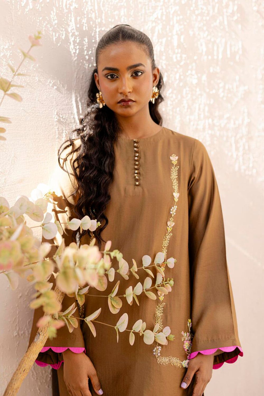 Khushboo & Pankaj Mocha Embroidered Kurta Set with Tulip Pants