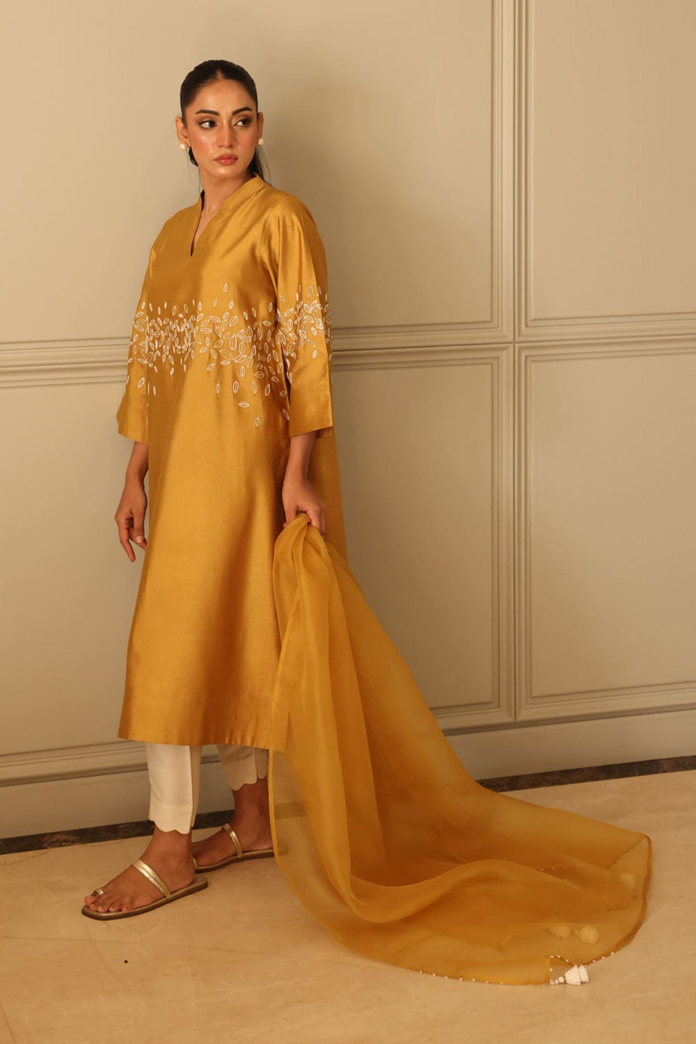 Khushboo & Pankaj Mustard Silk Kurta Set with Embroidered Detail & Organza Dupatta