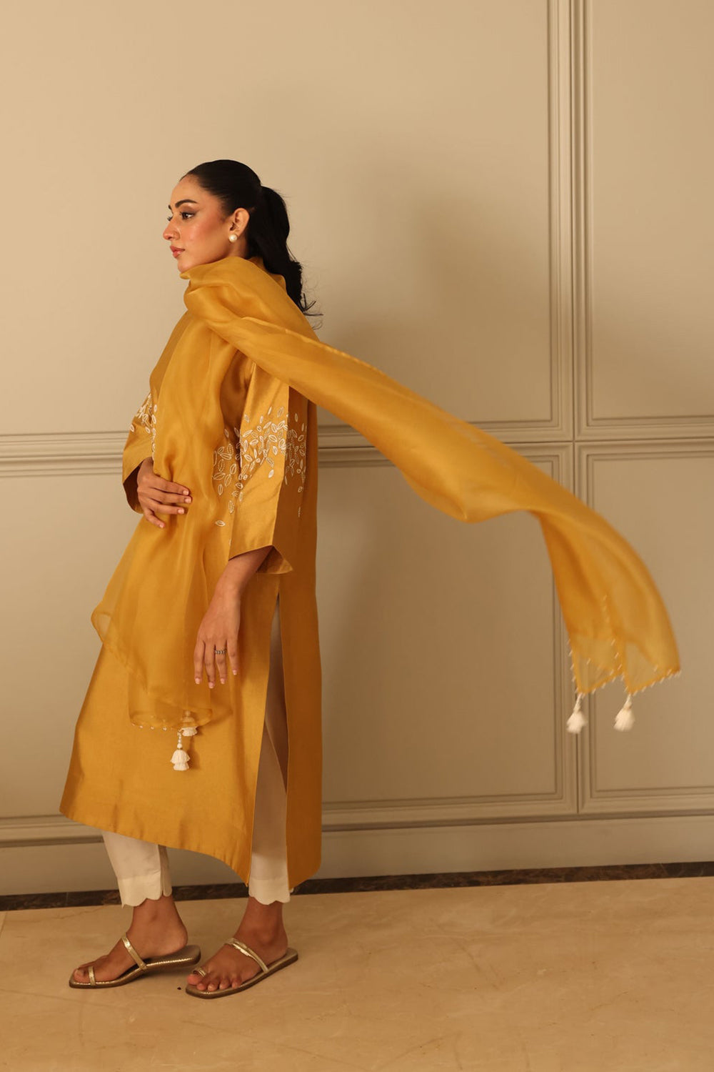 Khushboo & Pankaj Mustard Silk Kurta Set with Embroidered Detail & Organza Dupatta