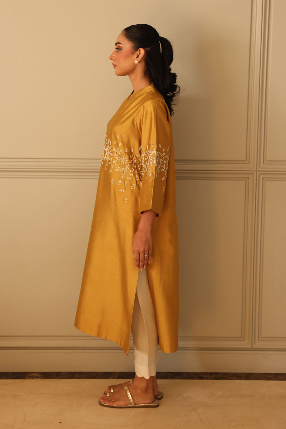 Khushboo & Pankaj Mustard Silk Kurta Set with Embroidered Detail & Organza Dupatta